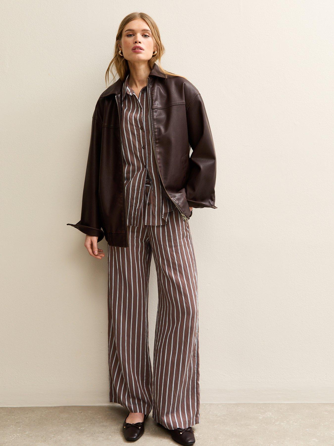 Image 3 of 5 of New Look Striped Drawstring Wide Leg Trousers - Brown
