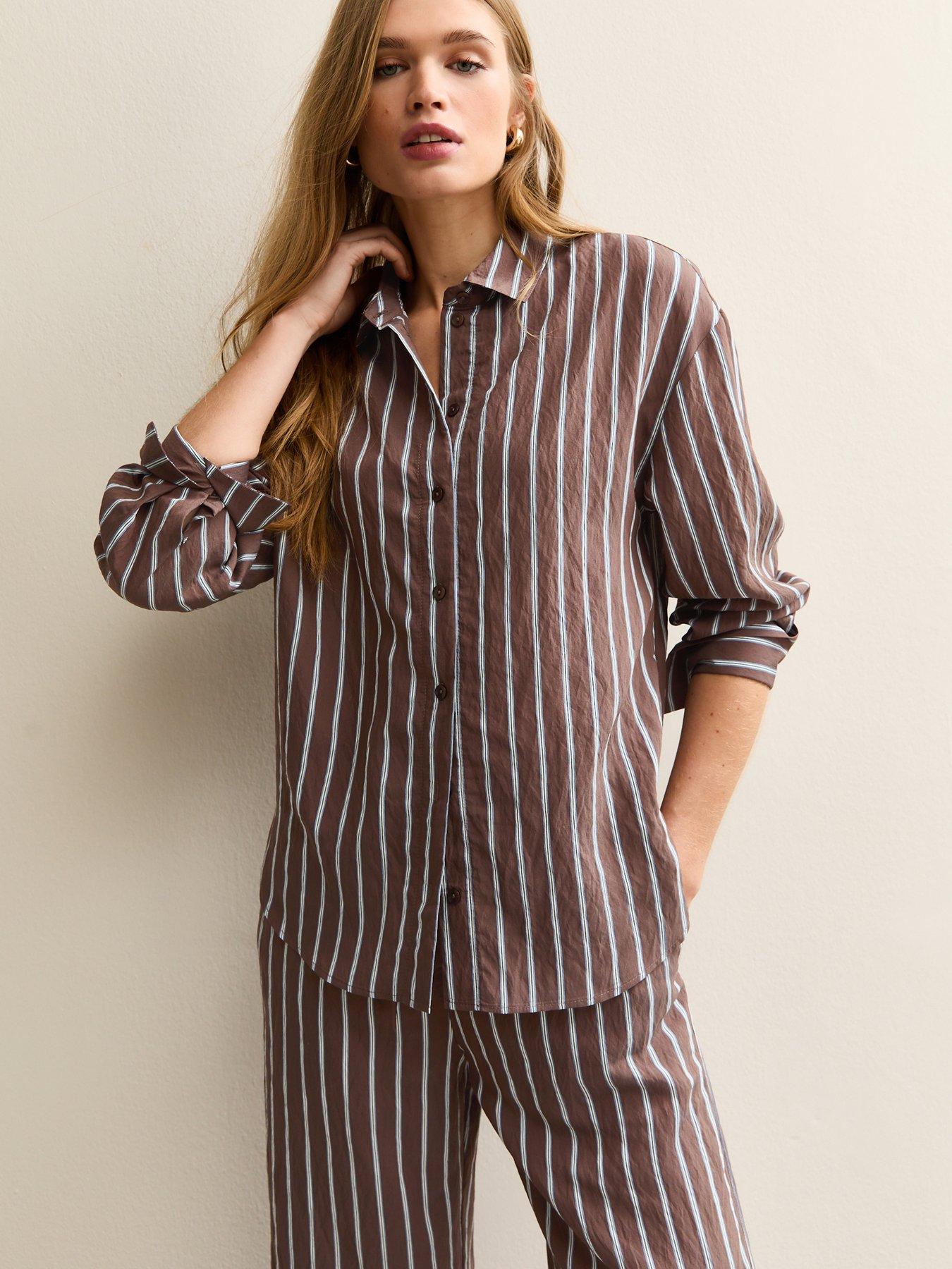 New Look Striped Button Up Shirt - Brown