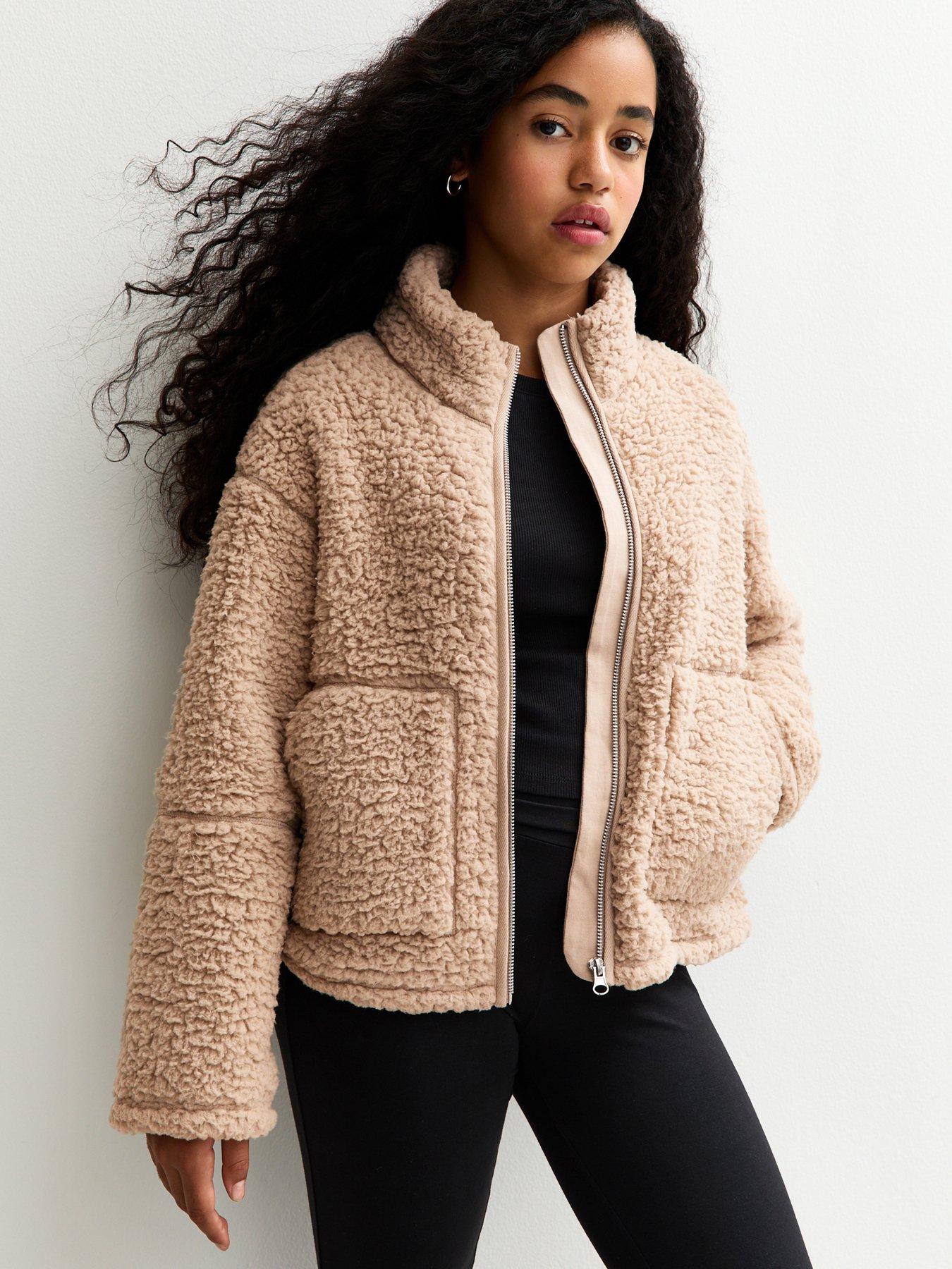 New Look 915 Girls Fluffy Texture Zip Up Fleece Jacket - Beige