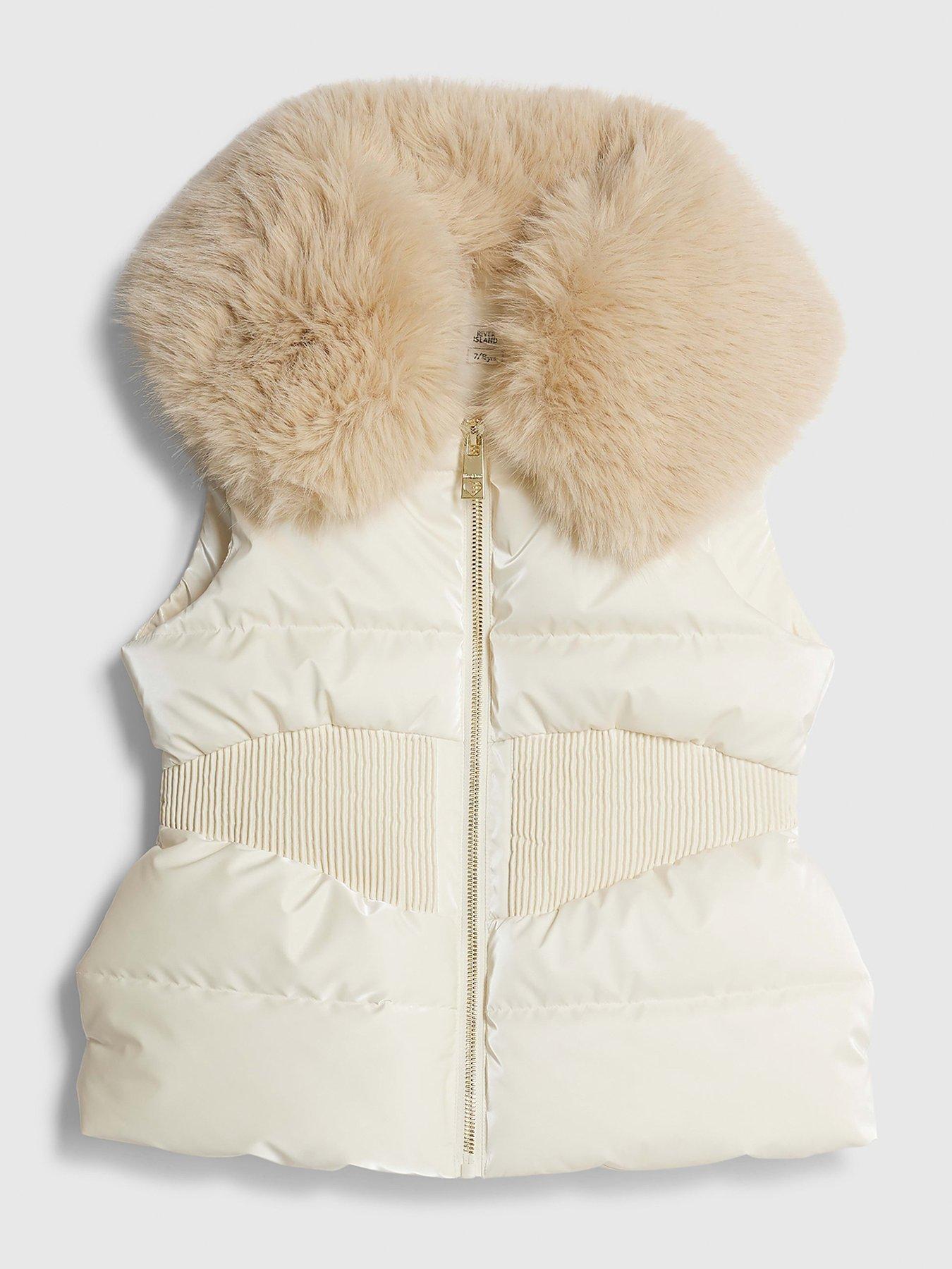 River Island Older Girls Faux Fur Collar Gilet - Beige
