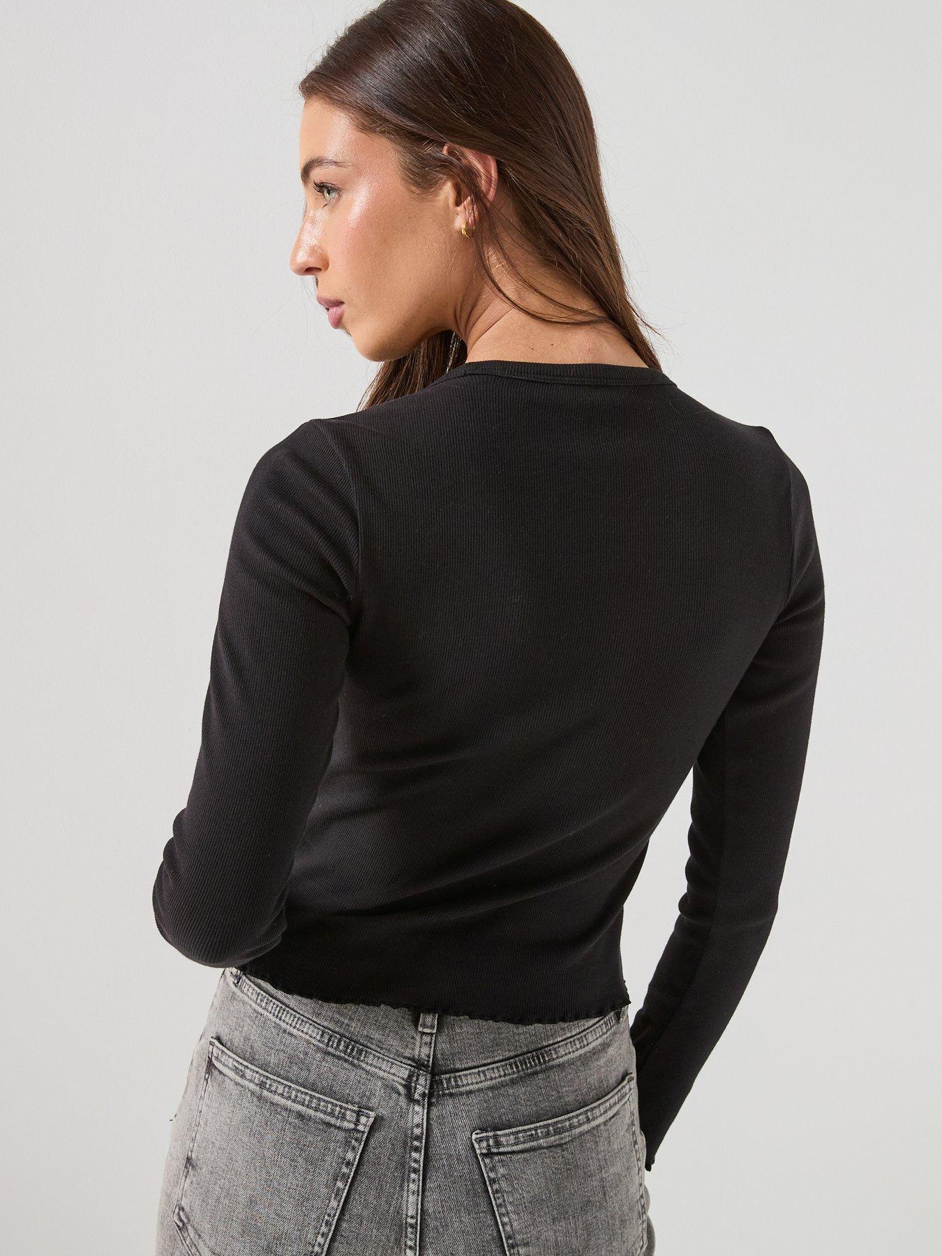 Image 2 of 6 of Tommy Jeans Long Sleeve Lettuce Edge Rib Top - Black
