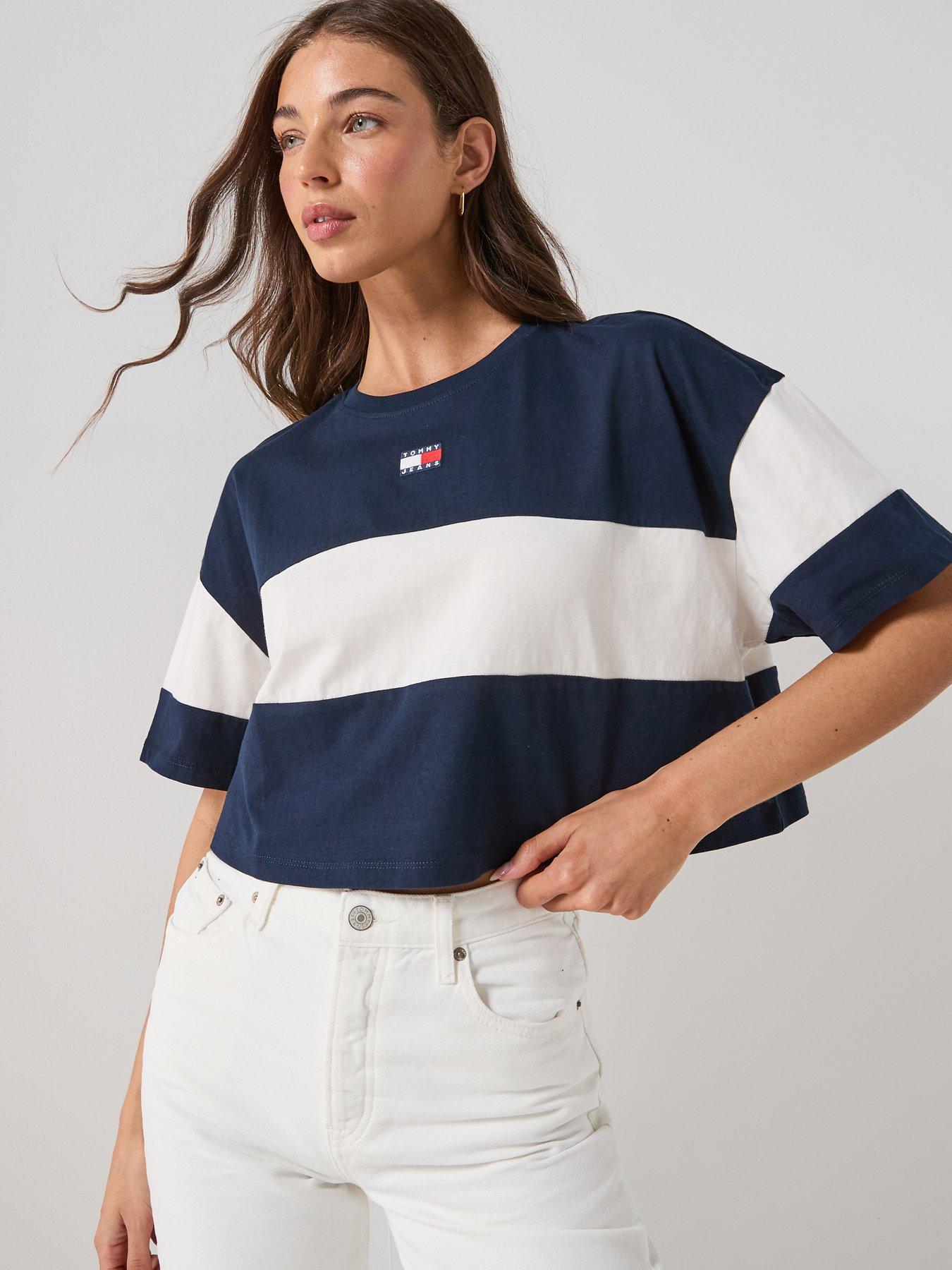 Tommy Jeans Striped Badge Half Sleeve Top, Navy, Size L, Women