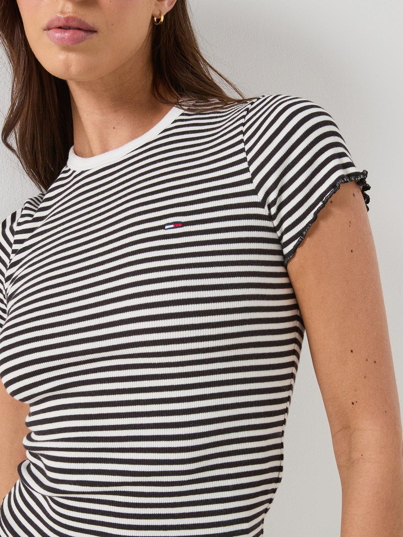 Tommy Jeans Short Sleeve Lettuce Edge Rib Top - Black Stripe | Very