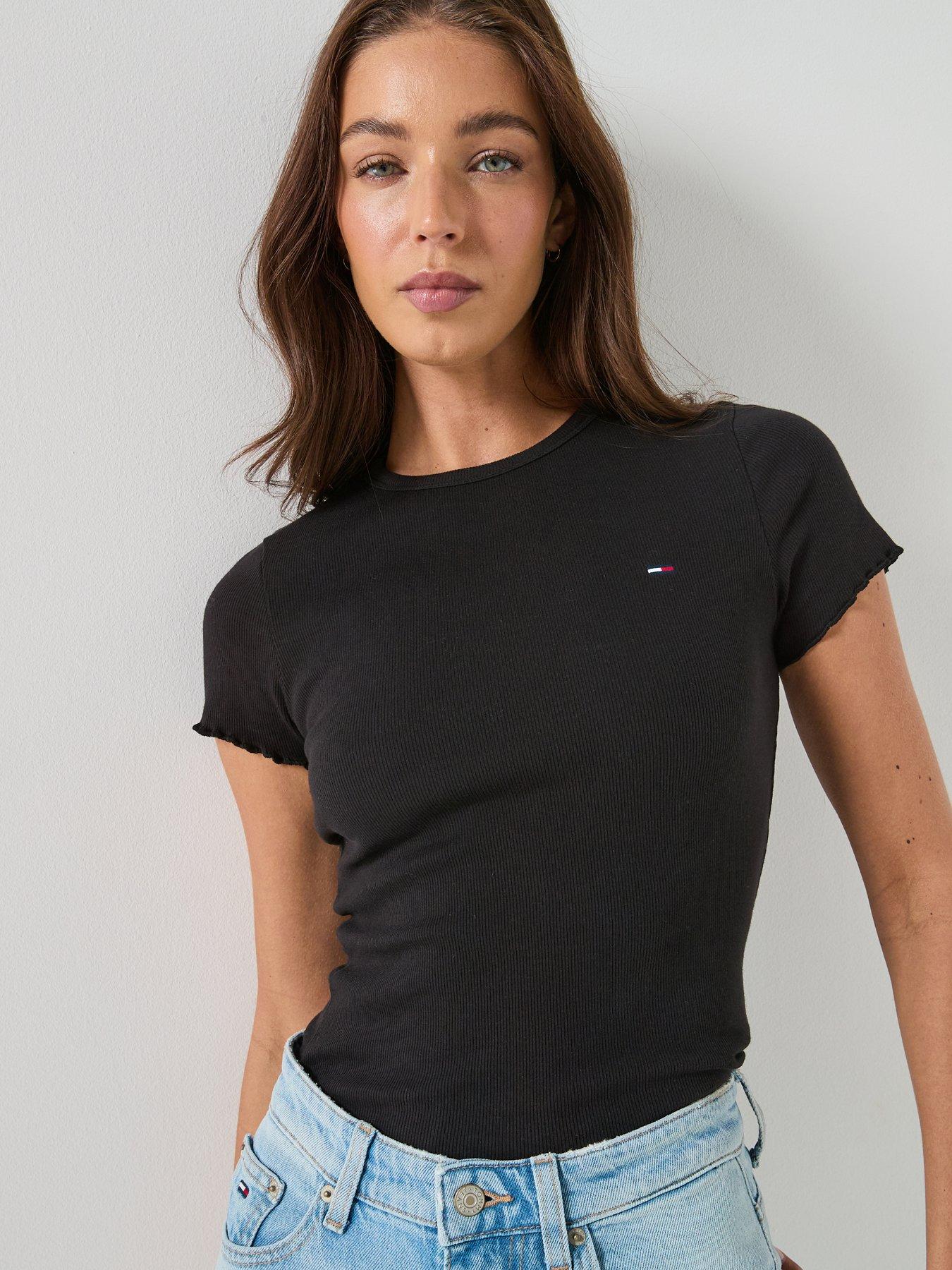 Tommy Jeans Short Sleeve Rib Top, Black, Size L, Women