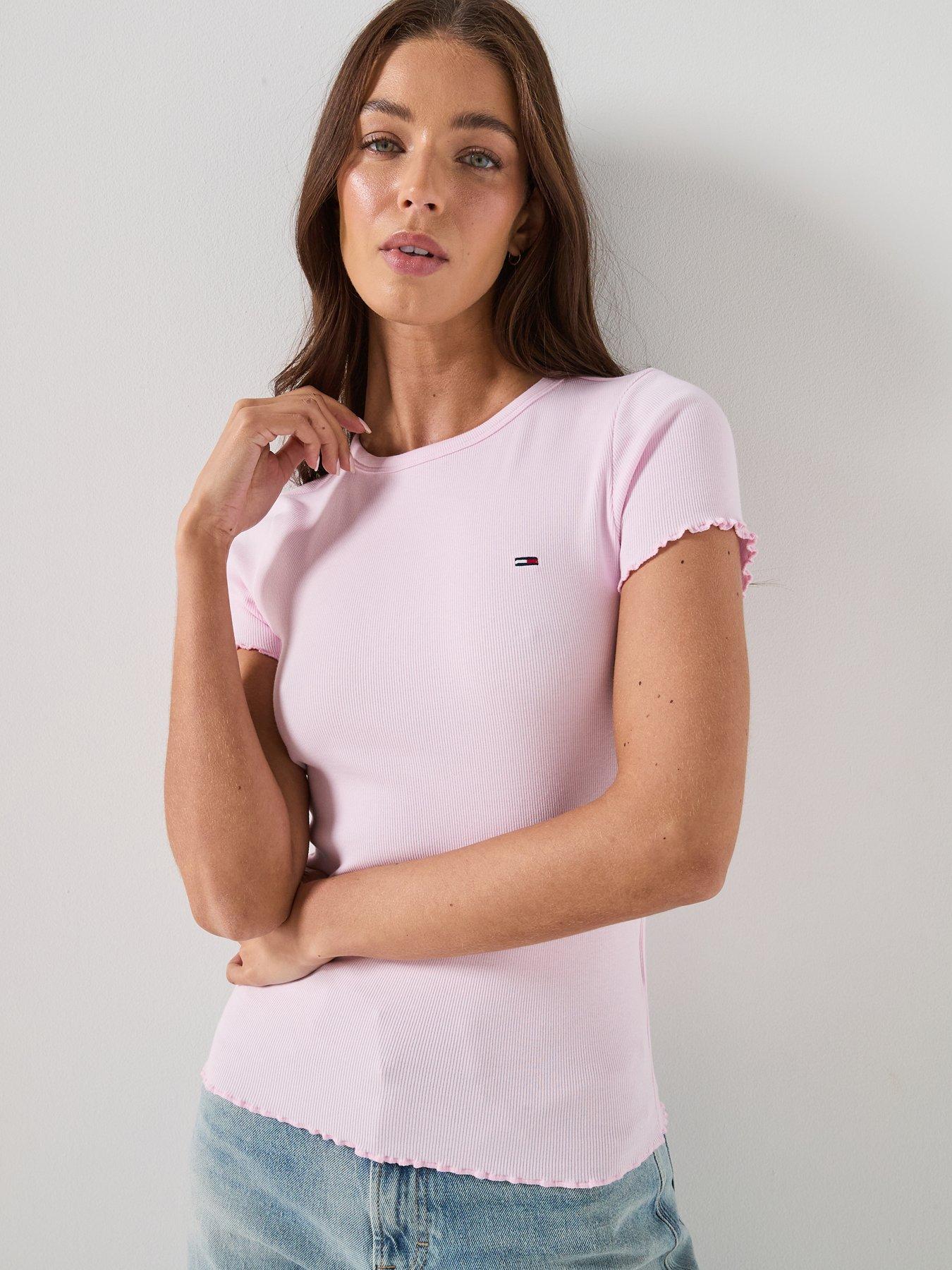 Tommy Jeans Short Sleeve Rib Top, Pink, Size L, Women