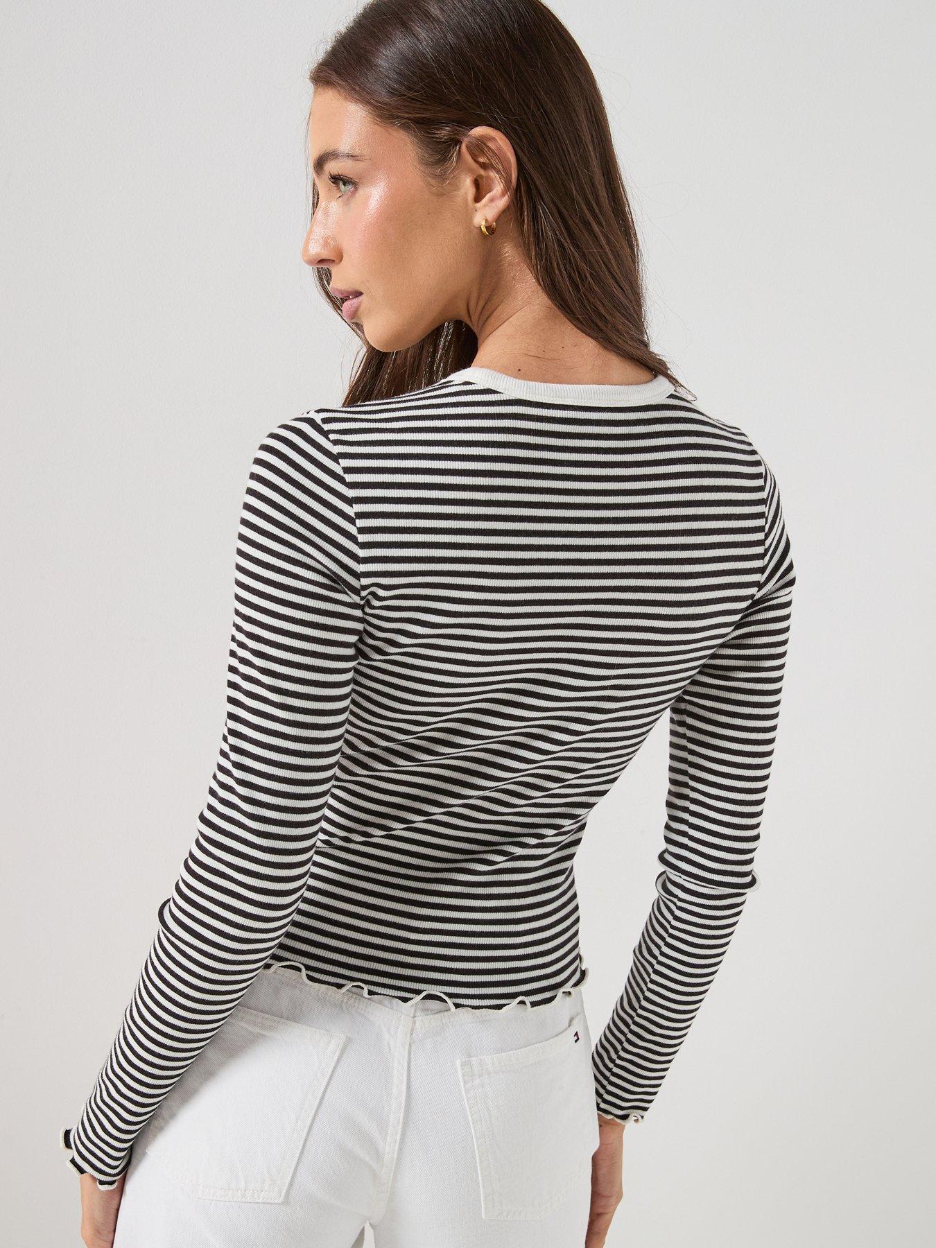 Image 2 of 6 of Tommy Jeans Long Sleeve Lettuce Edge Rib Stripe Top &nbsp;- Black