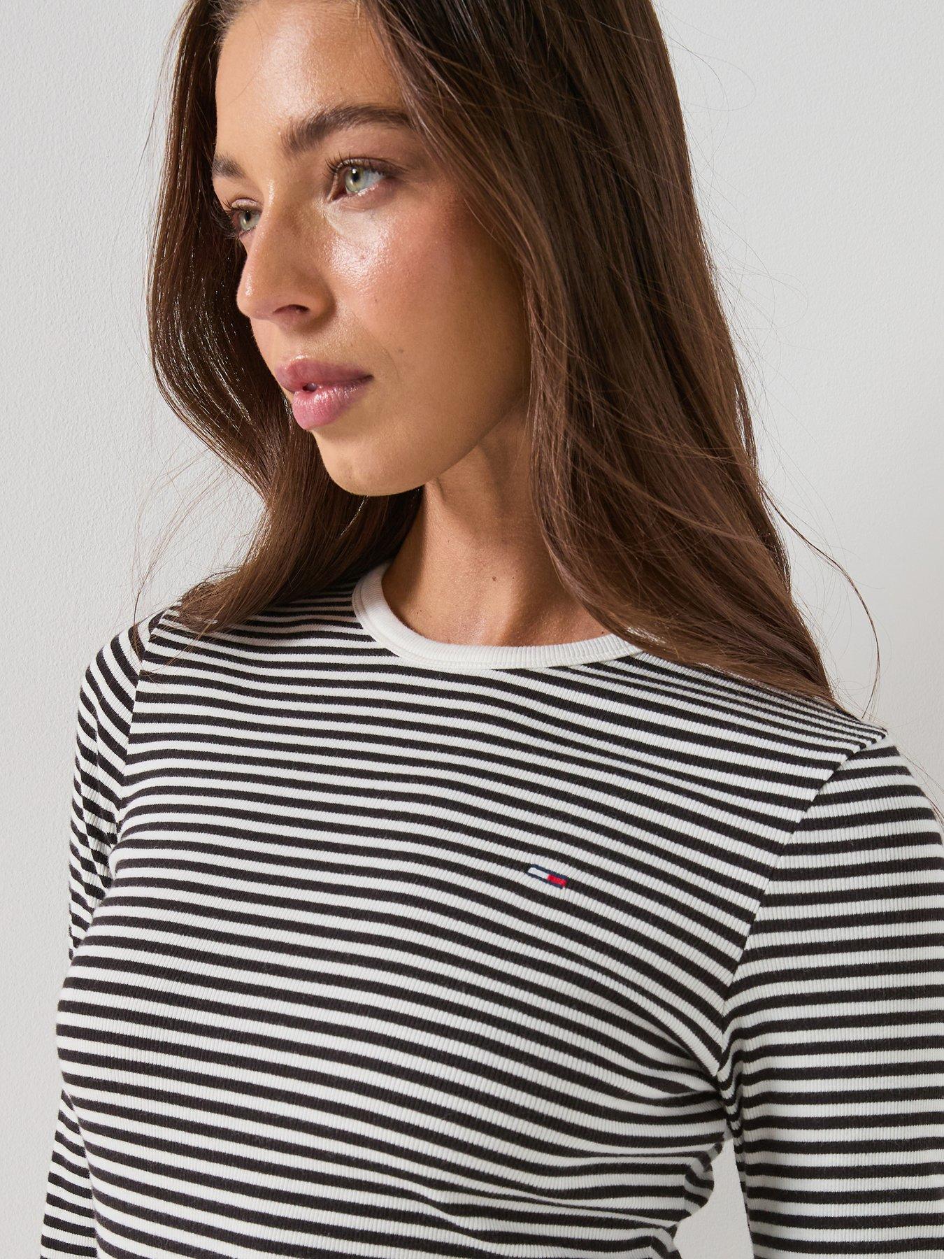 Image 4 of 6 of Tommy Jeans Long Sleeve Lettuce Edge Rib Stripe Top &nbsp;- Black