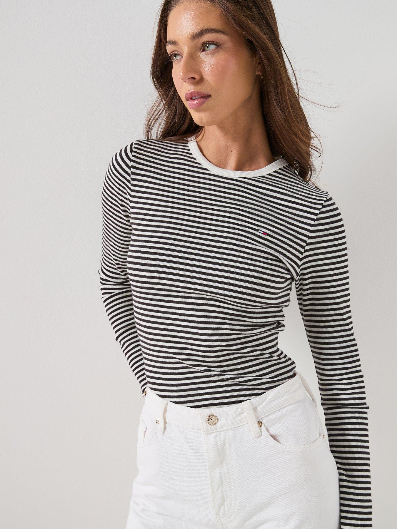 Image 6 of 6 of Tommy Jeans Long Sleeve Lettuce Edge Rib Stripe Top &nbsp;- Black