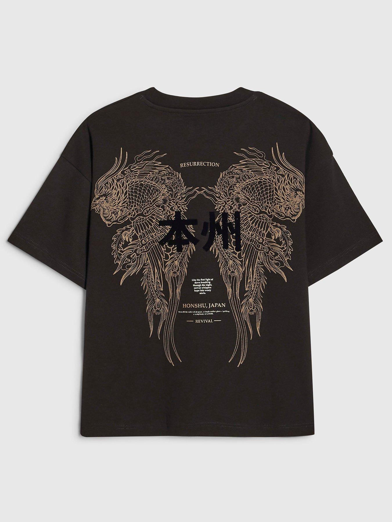 River Island Older Boys Dragon Japanese Back Print T-Shirt - Black