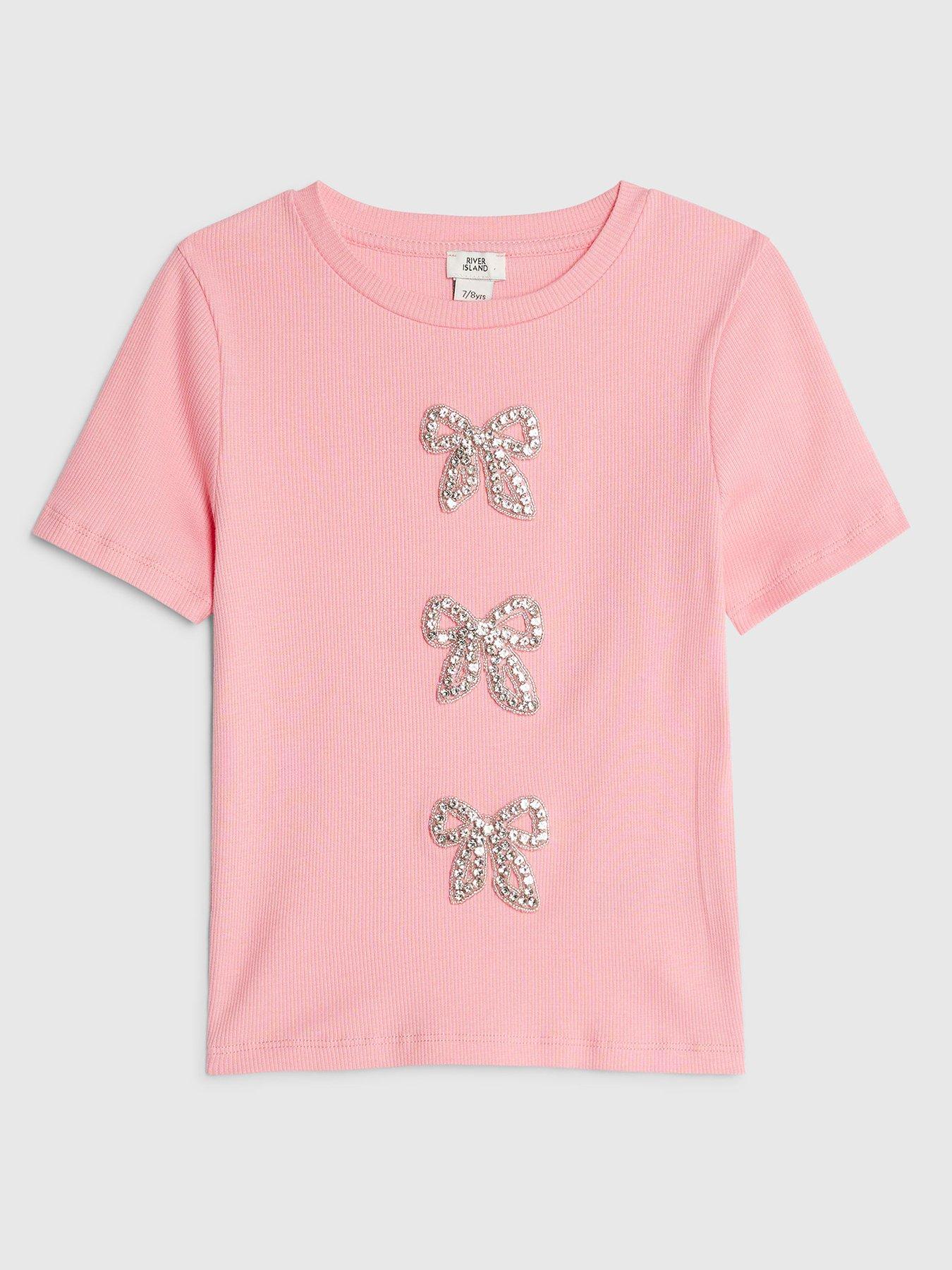 River Island: Older Girls Ribbed Diamante Bow T-Shirt - Pink