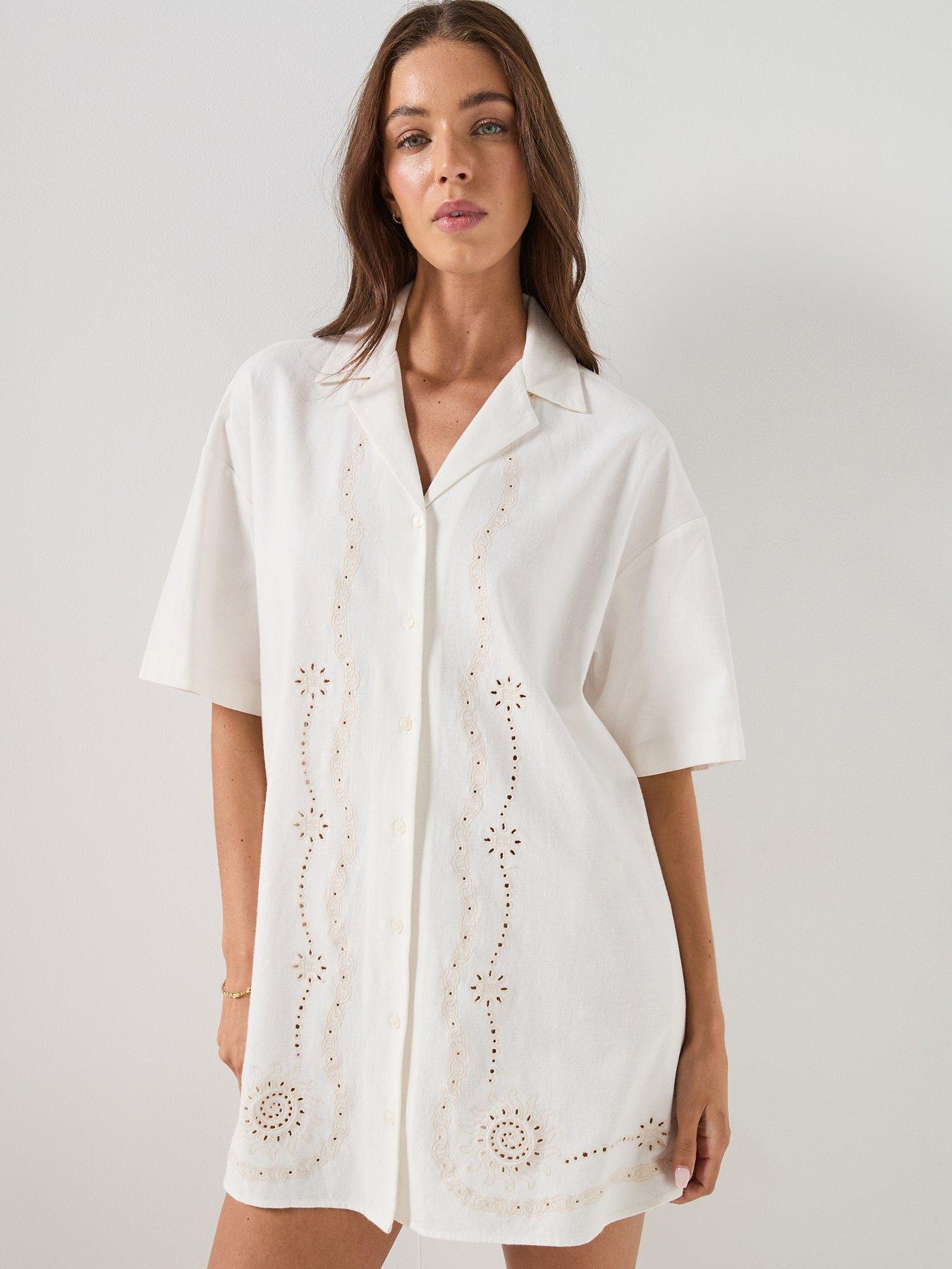 Tommy Jeans Linen Broderie Shirt Dress - White