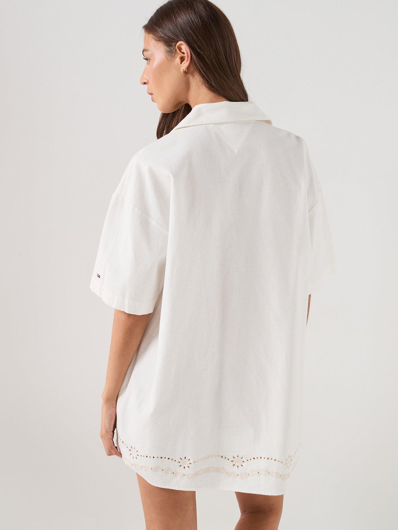 Image 2 of 5 of Tommy Jeans Linen Broderie Shirt Dress - White