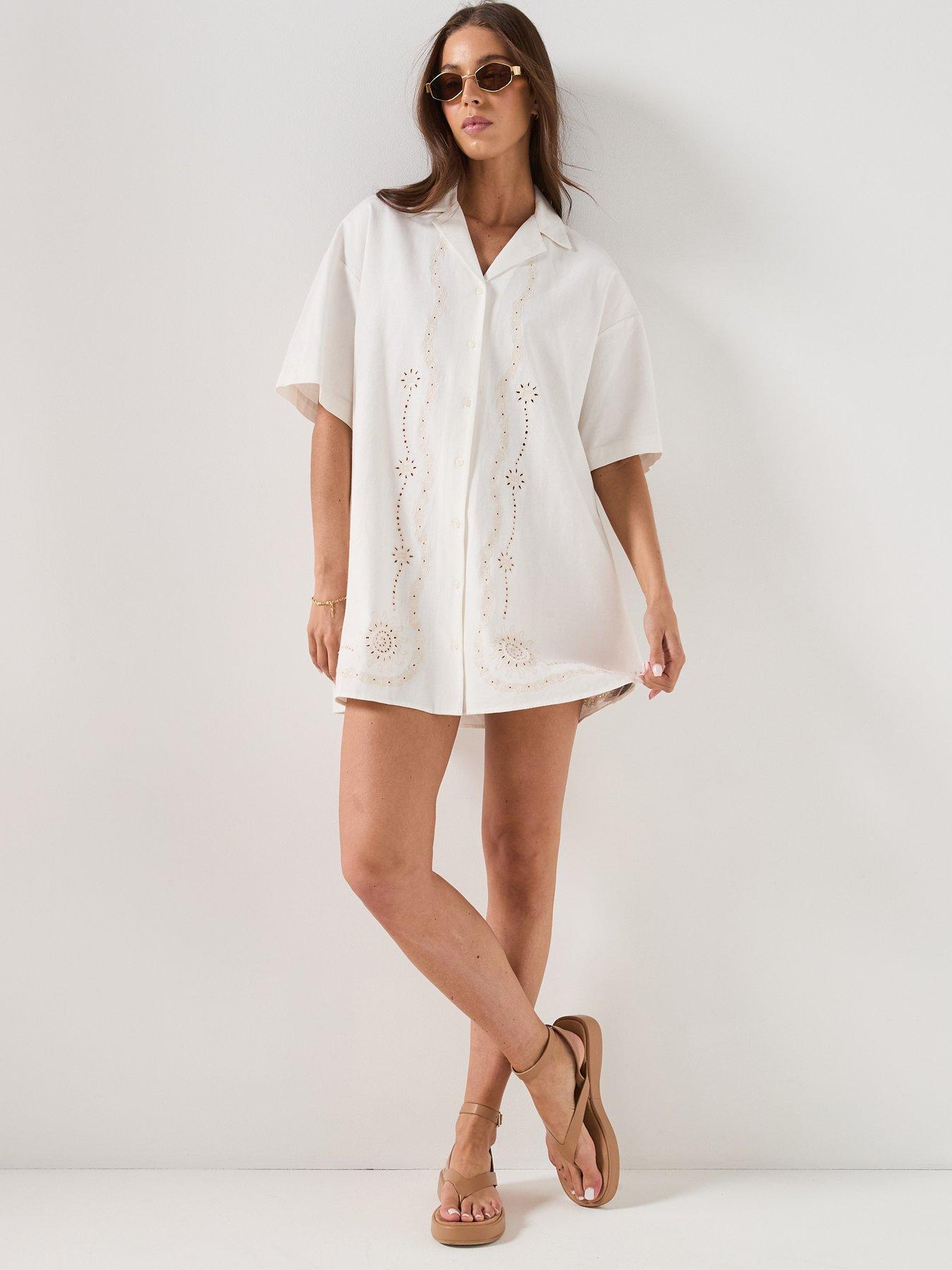 Image 3 of 5 of Tommy Jeans Linen Broderie Shirt Dress - White
