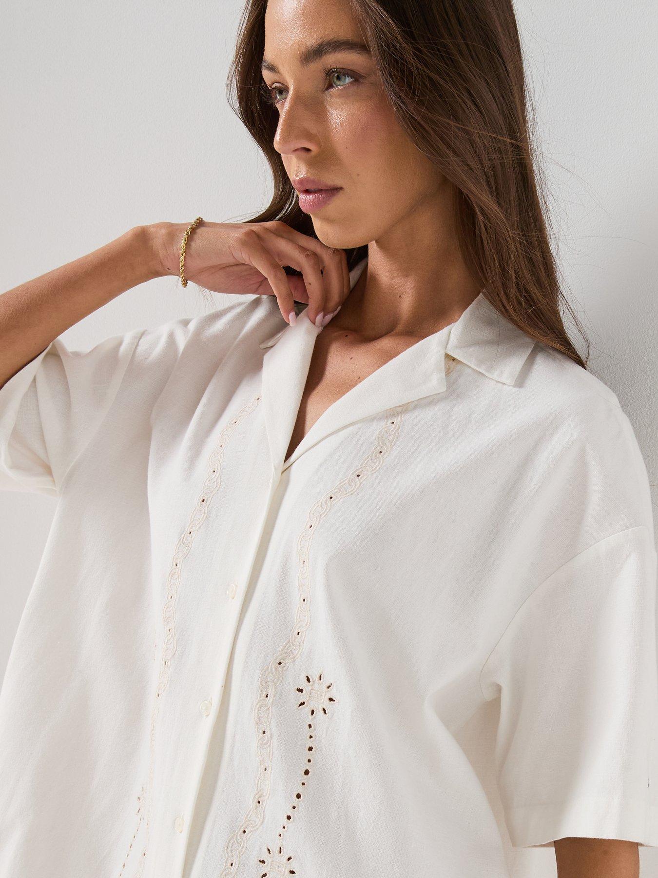 Image 4 of 5 of Tommy Jeans Linen Broderie Shirt Dress - White