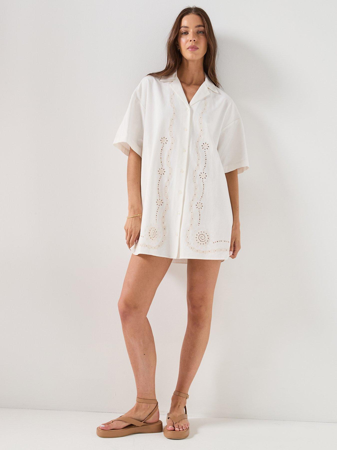 Image 5 of 5 of Tommy Jeans Linen Broderie Shirt Dress - White