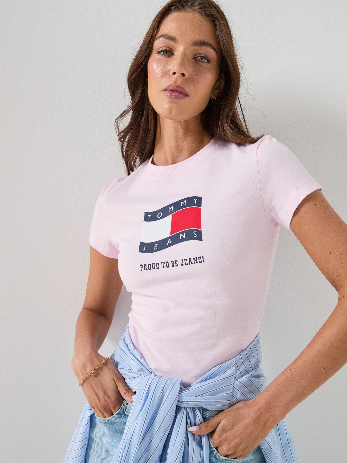 Tommy Jeans Slim Fit Flag T-shirt, Pink, Size L, Women