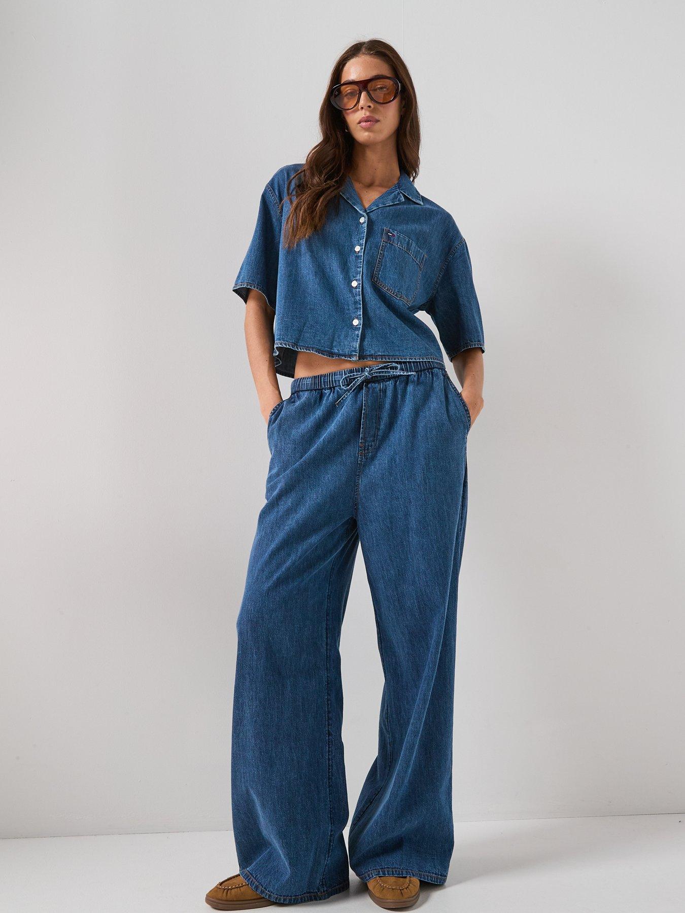 Image 3 of 6 of Tommy Jeans Chambray Denim Loose Drawstring Trousers - Blue