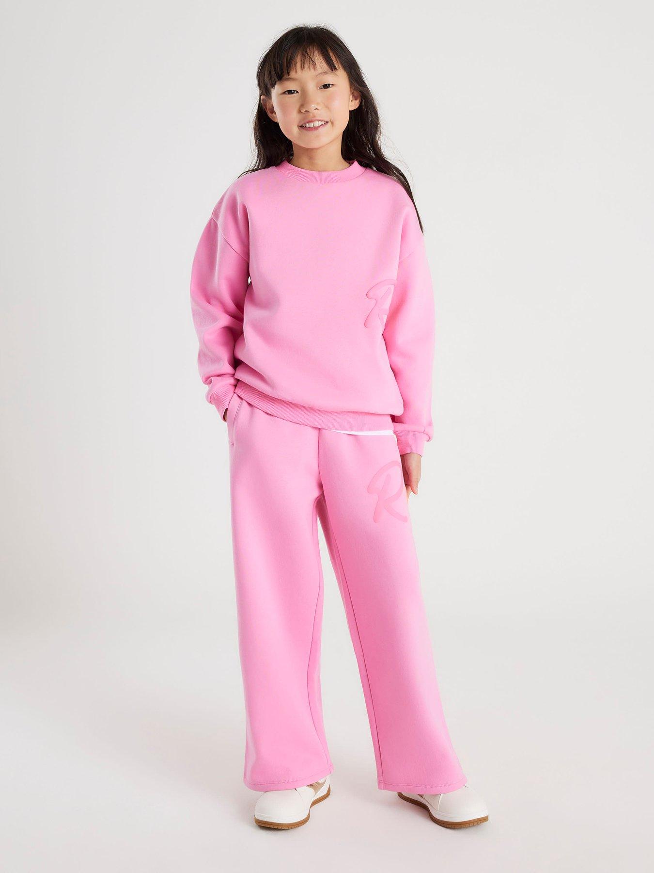 Image 1 of 4 of River Island Older Girls Branded Script Sweatshirt And Joggers Set - Pink