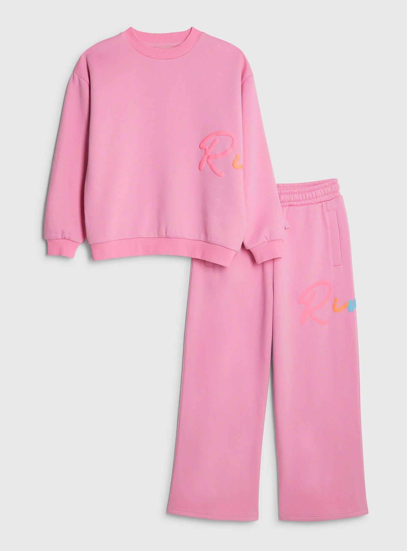 Image 2 of 4 of River Island Older Girls Branded Script Sweatshirt And Joggers Set - Pink