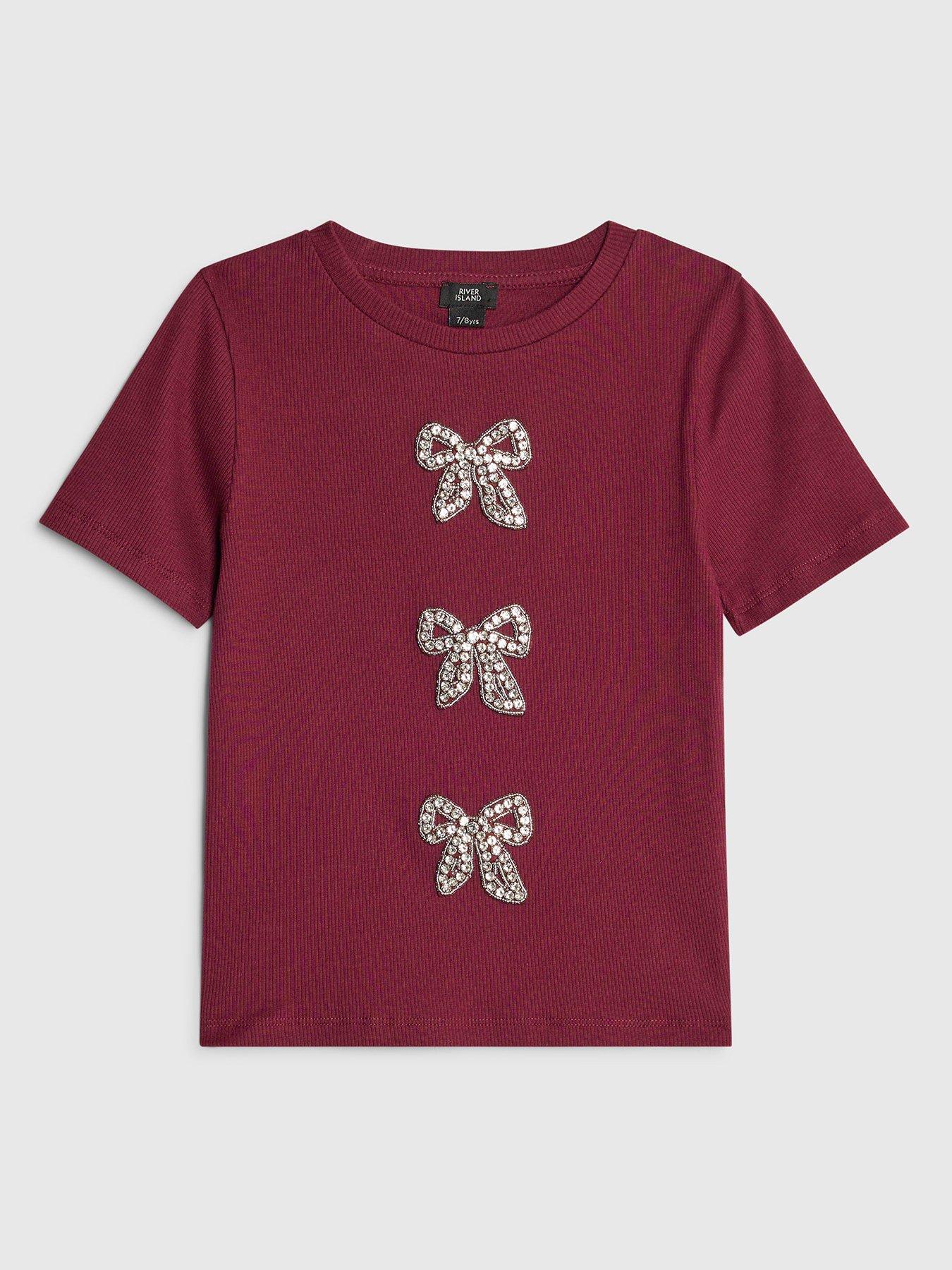 River Island Older Girls Ribbed Diamante Bow T-Shirt - Dark Red