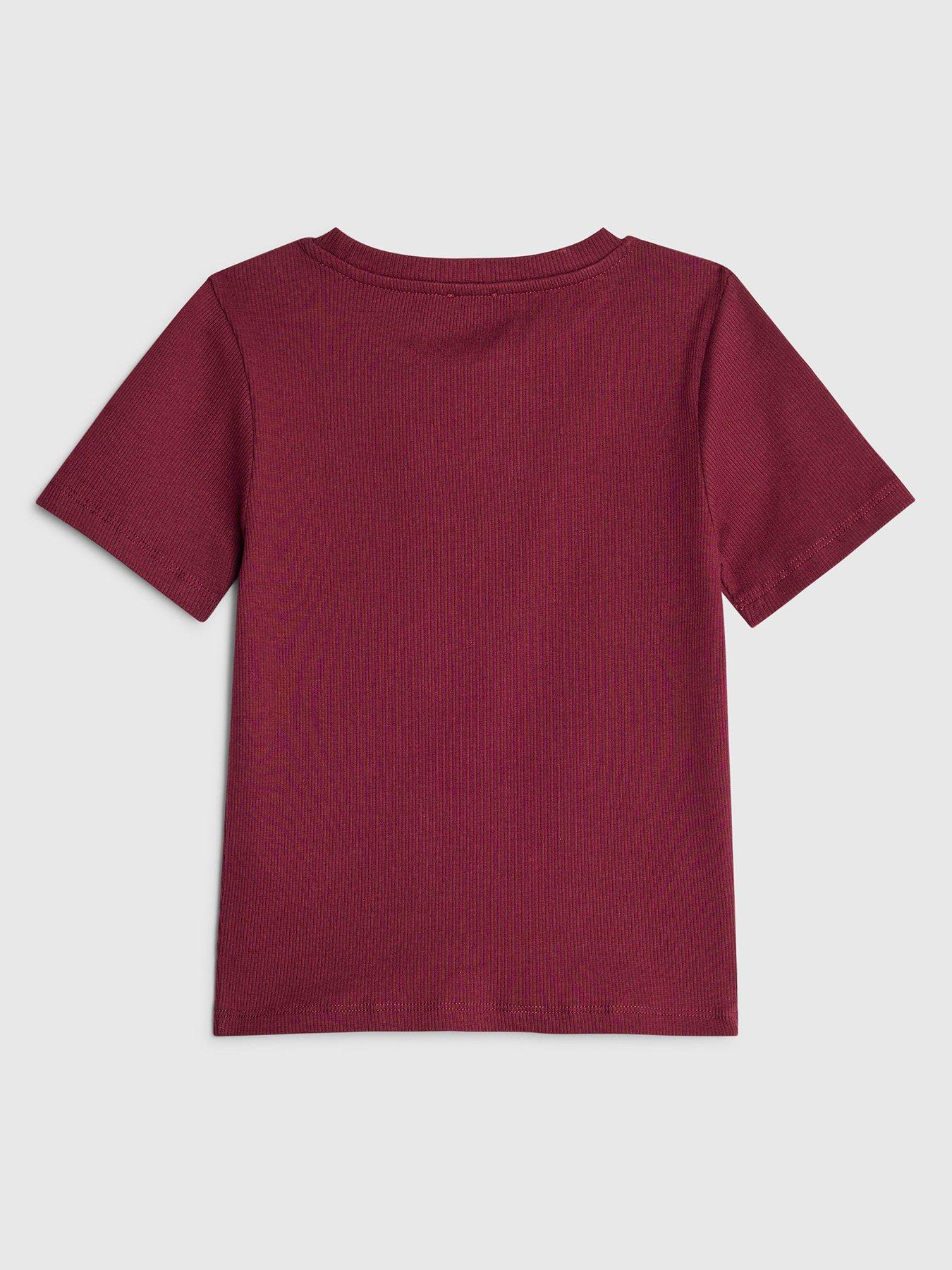 Image 2 of 4 of River Island Older Girls Ribbed Diamante Bow T-Shirt - Dark Red