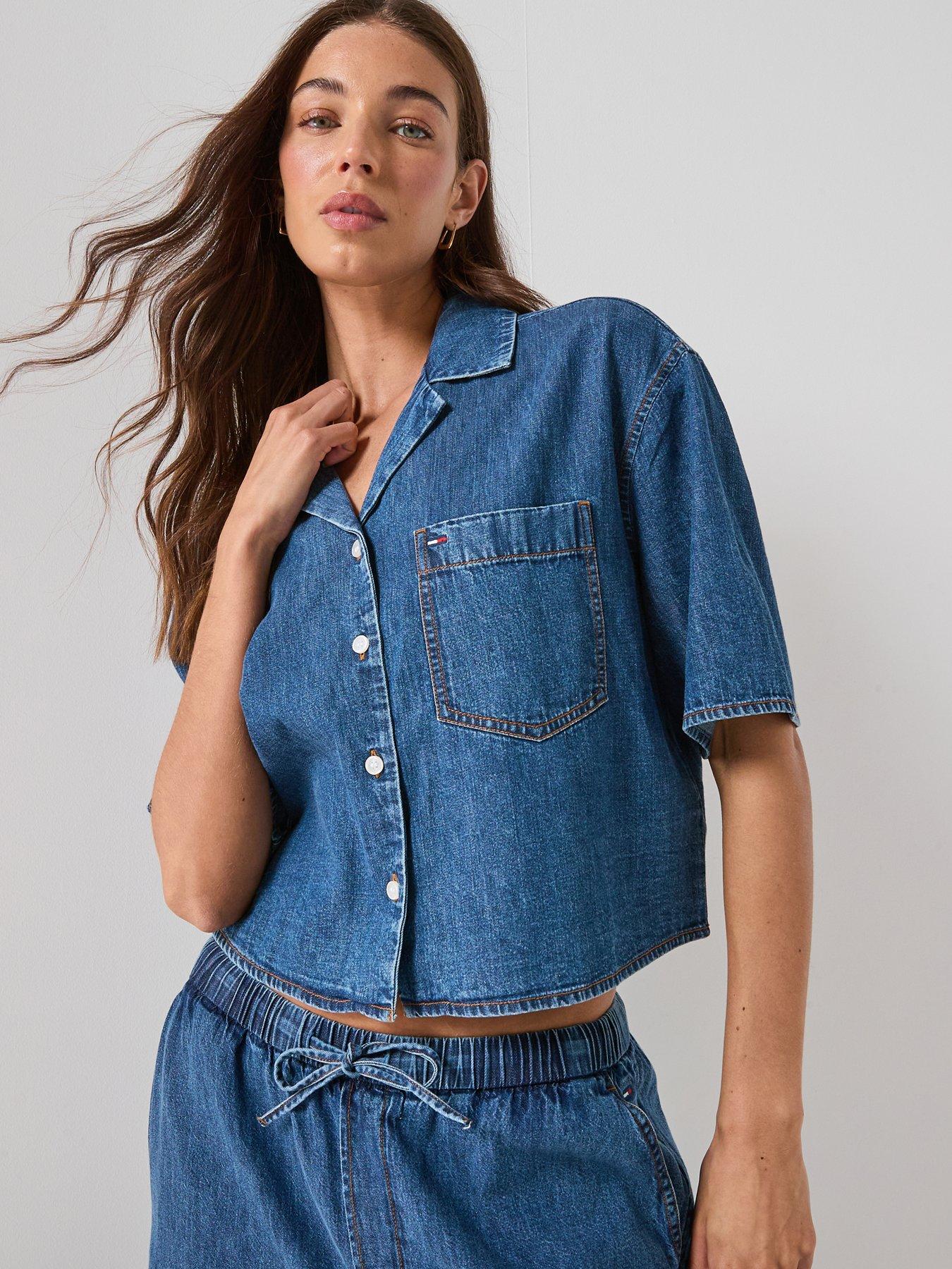 Tommy Jeans Crop Chambray Shirt, Blue, Size L, Women