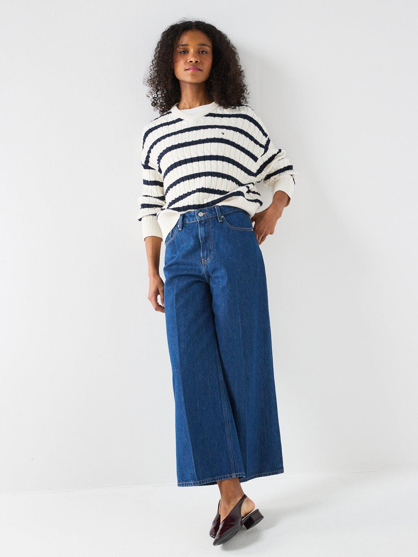 Image 1 of 6 of Tommy Hilfiger Relaxed Fit Cable Knit Striped Jumper - White
