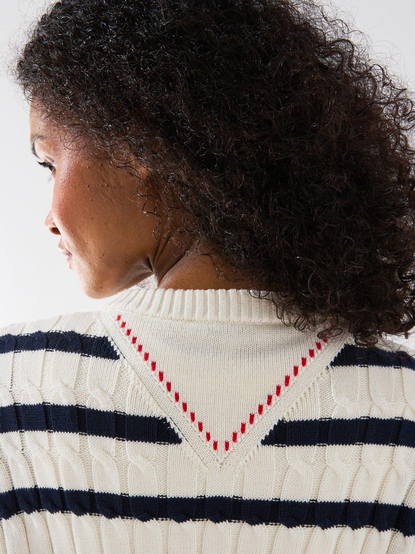 Image 4 of 6 of Tommy Hilfiger Relaxed Fit Cable Knit Striped Jumper - White