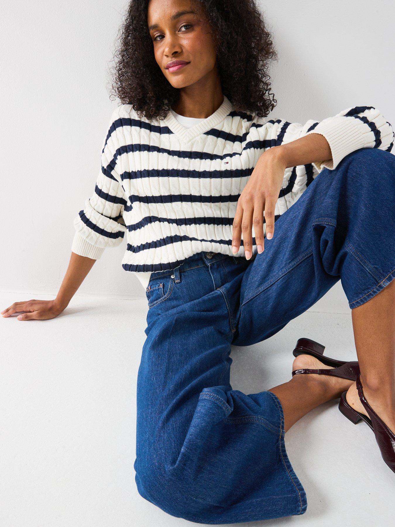 Image 6 of 6 of Tommy Hilfiger Relaxed Fit Cable Knit Striped Jumper - White