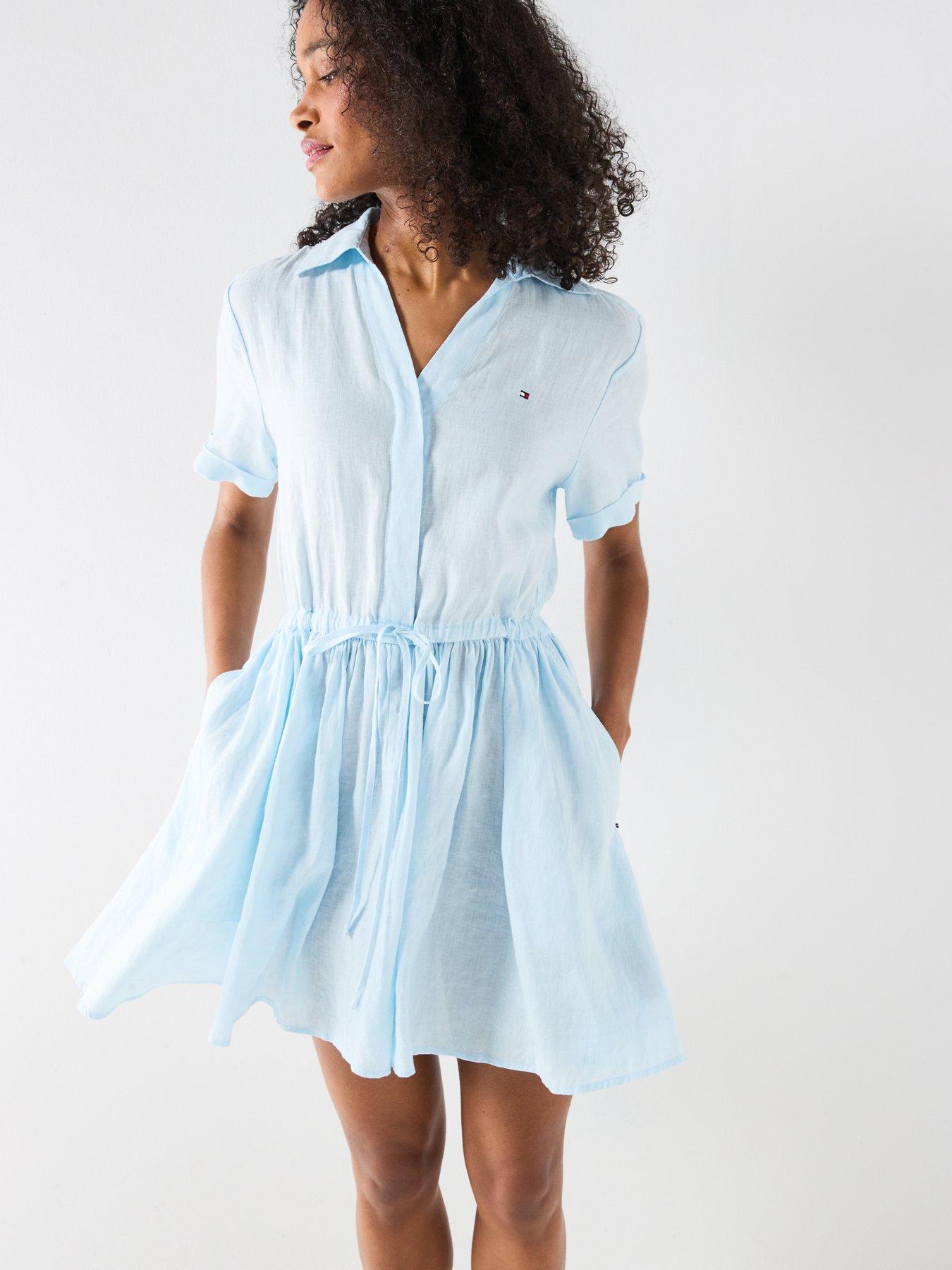 Image 1 of 6 of Tommy Hilfiger Linen Short Sleeve Mini Dress - Blue