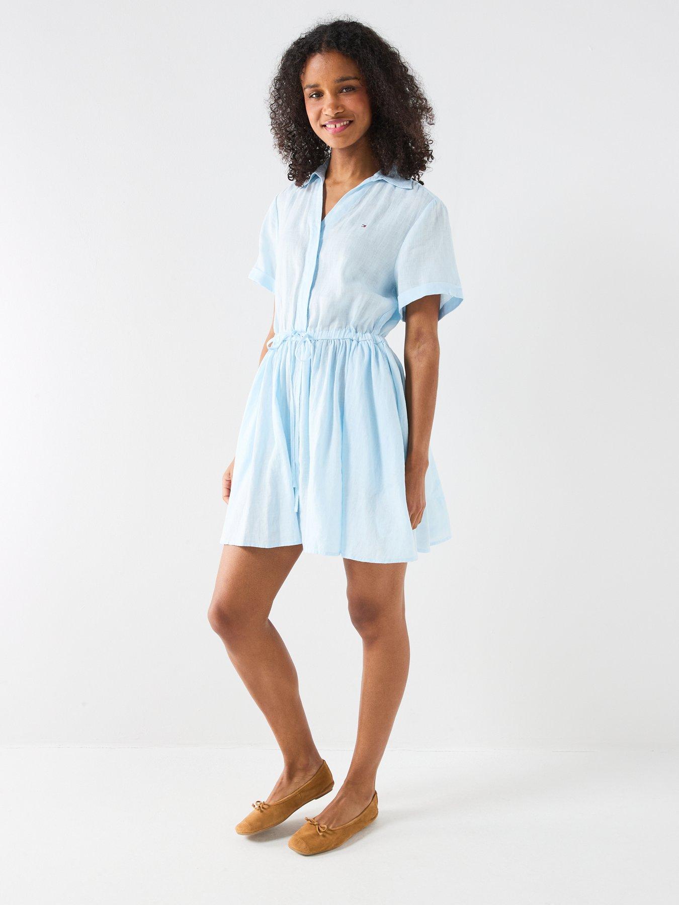 Image 3 of 6 of Tommy Hilfiger Linen Short Sleeve Mini Dress - Blue