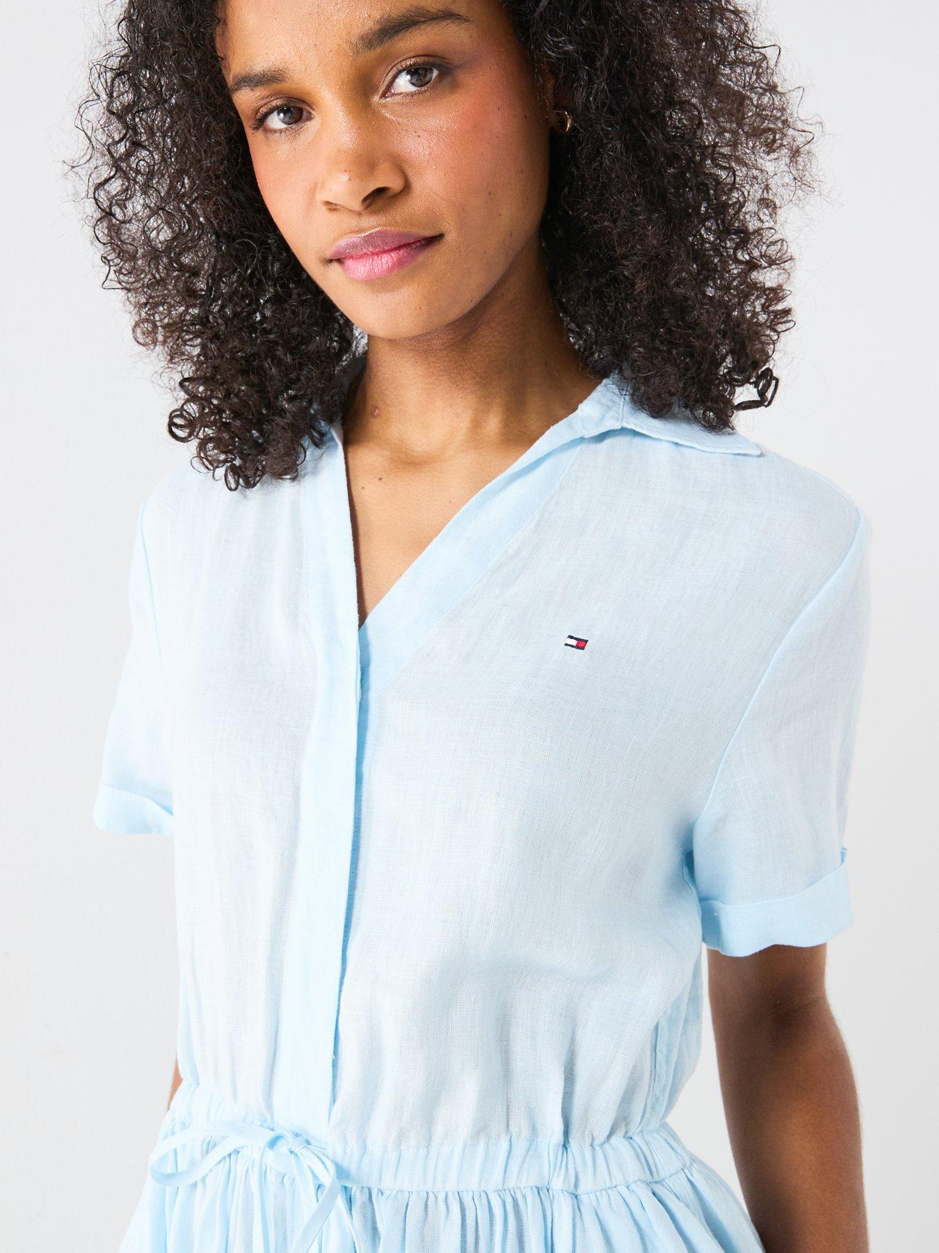 Image 4 of 6 of Tommy Hilfiger Linen Short Sleeve Mini Dress - Blue