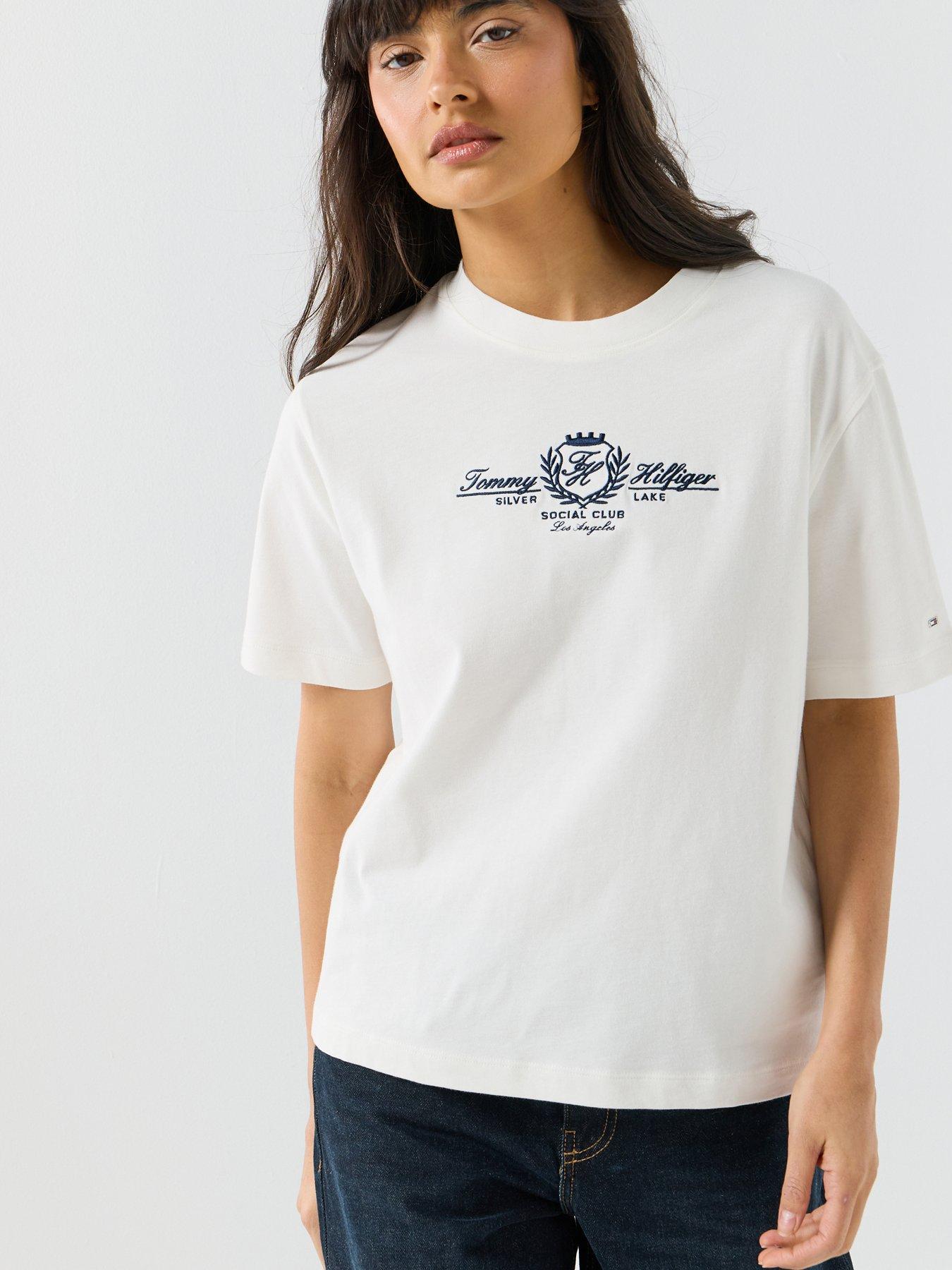 Tommy Hilfiger Varsity Crest Crew Neck T-Shirt, White, Size L, Women