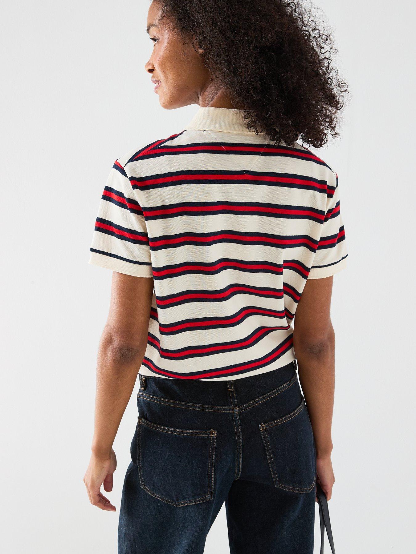 Image 2 of 3 of Tommy Hilfiger Striped Modern Short Sleeve Polo Top - Orange