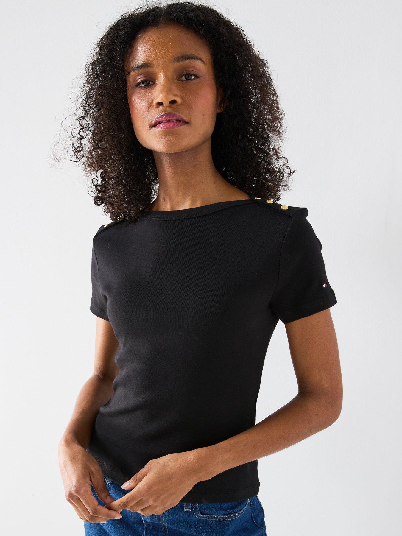 Image 1 of 6 of Tommy Hilfiger Gold Button Slim T-Shirt - Black