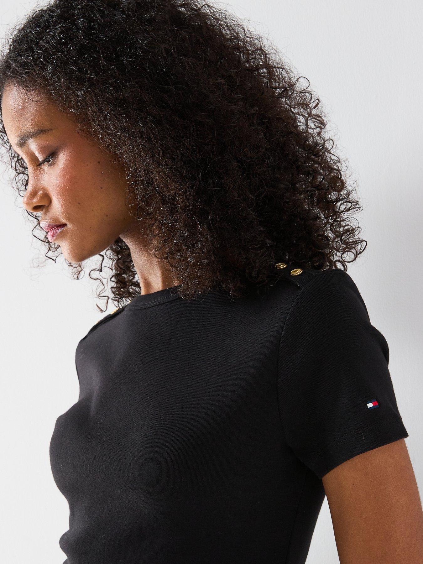 Image 4 of 6 of Tommy Hilfiger Gold Button Slim T-Shirt - Black