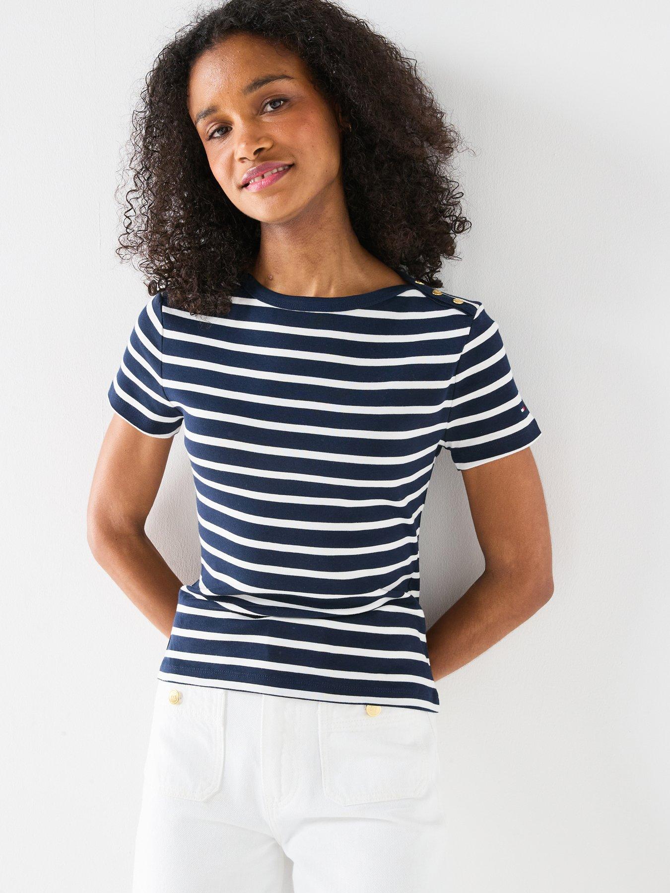 Tommy Hilfiger Gold Button Short Sleeve T-Shirt - Blue Stripe
