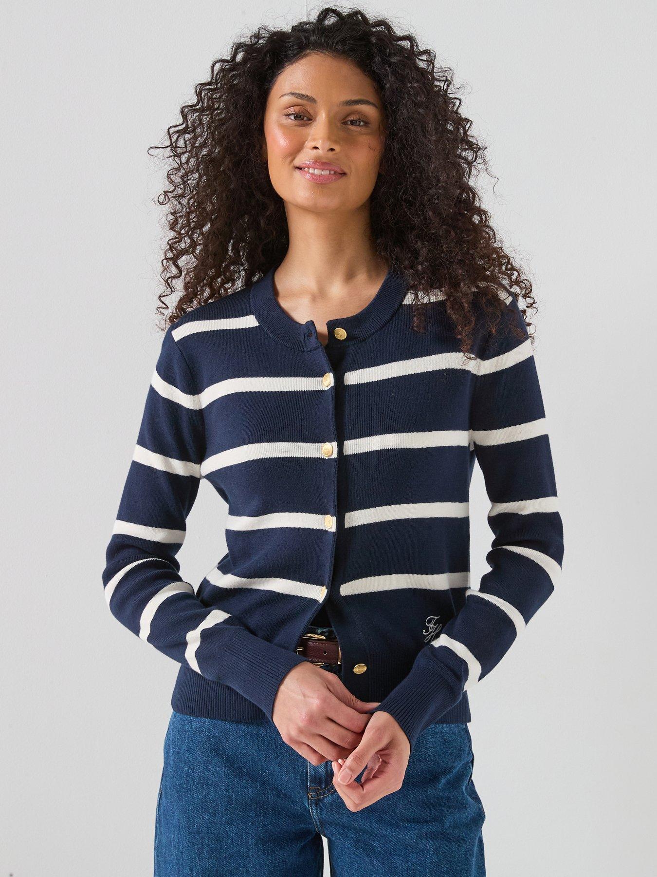 Tommy Hilfiger: Crew Neck Long Sleeve Striped Cardigan - Navy