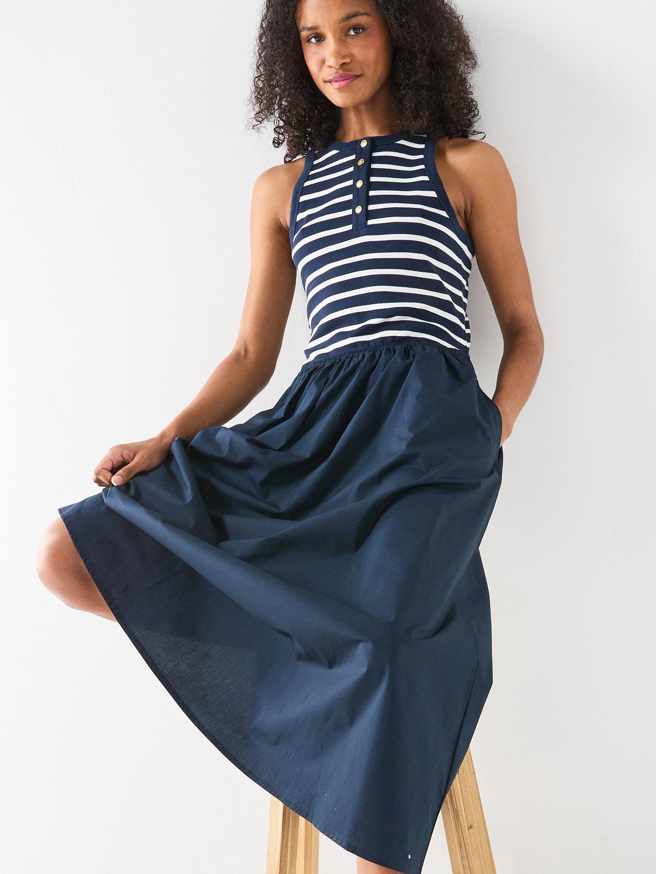 Tommy Hilfiger Gold Button Poplin Midi Dress - Navy | Very