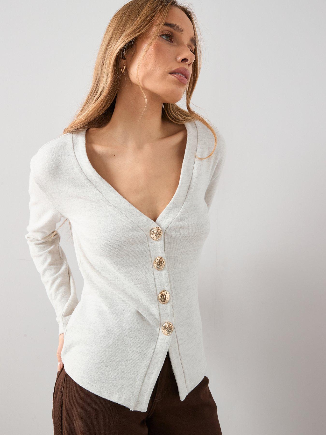 The Very Collection Button Front Long Sleeve Soft Touch Top - Oatmeal