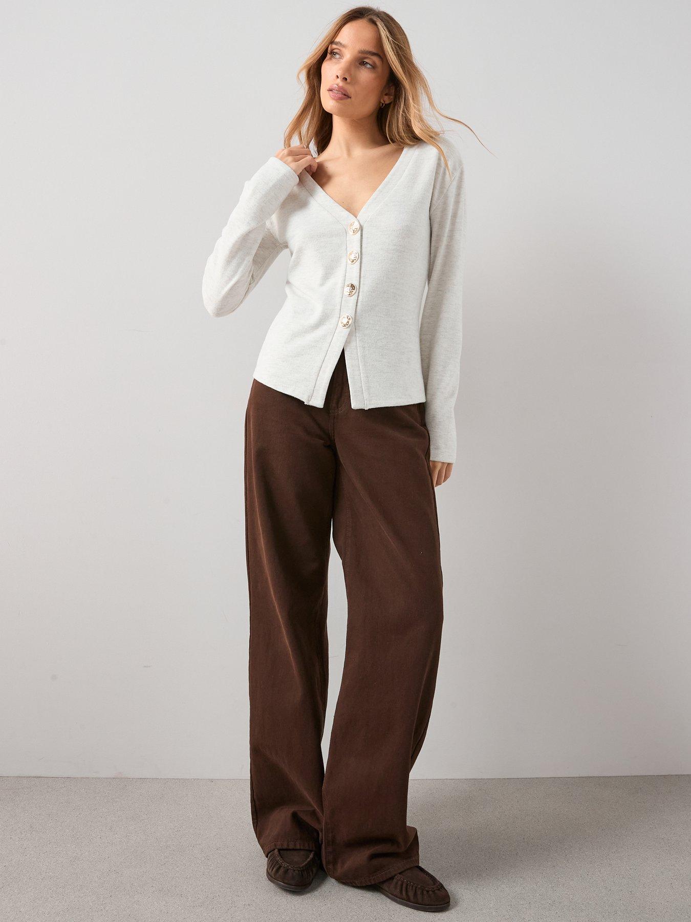 The Very Collection Button Front Long Sleeve Soft Touch Top - Oatmeal