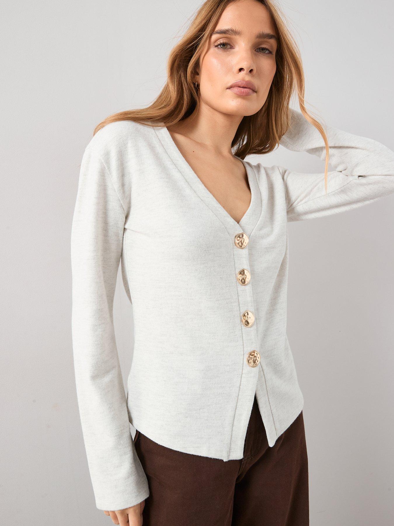 Image 5 of 6 of The Very Collection Button Front Long Sleeve Soft Touch Top - Oatmeal