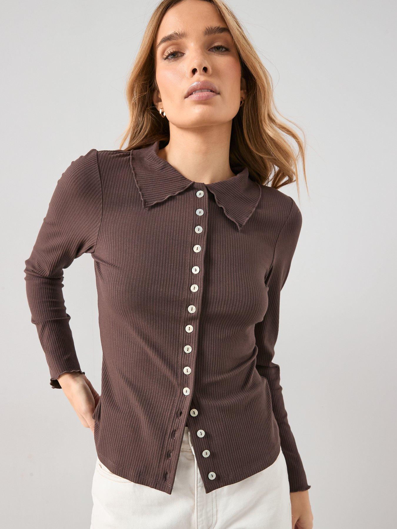 The Very Collection Long Sleeve Collar Frill Detail Top - Brown