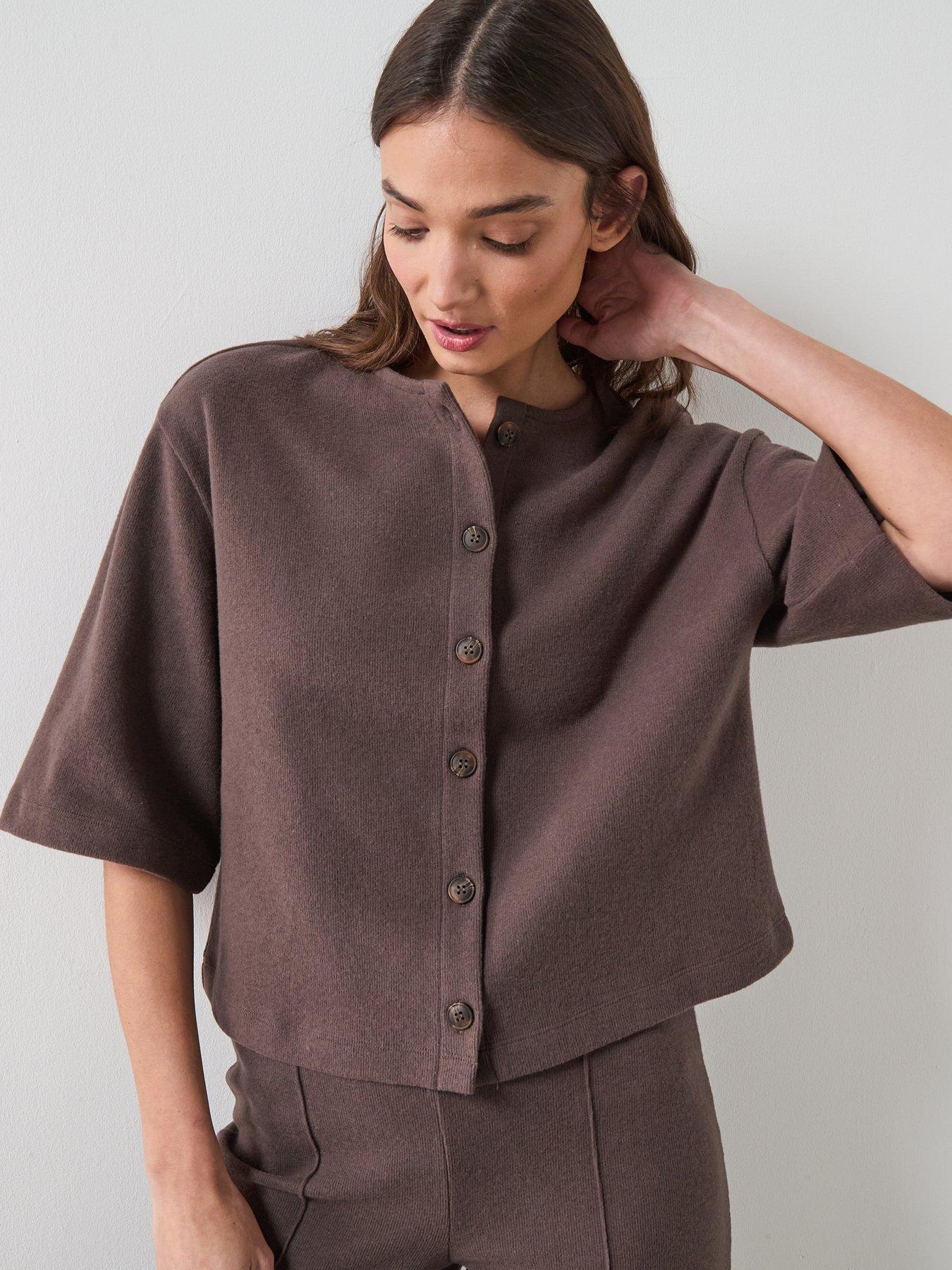 Image 1 of 7 of The Very Collection Button Through Short Sleeve Top - Brown
