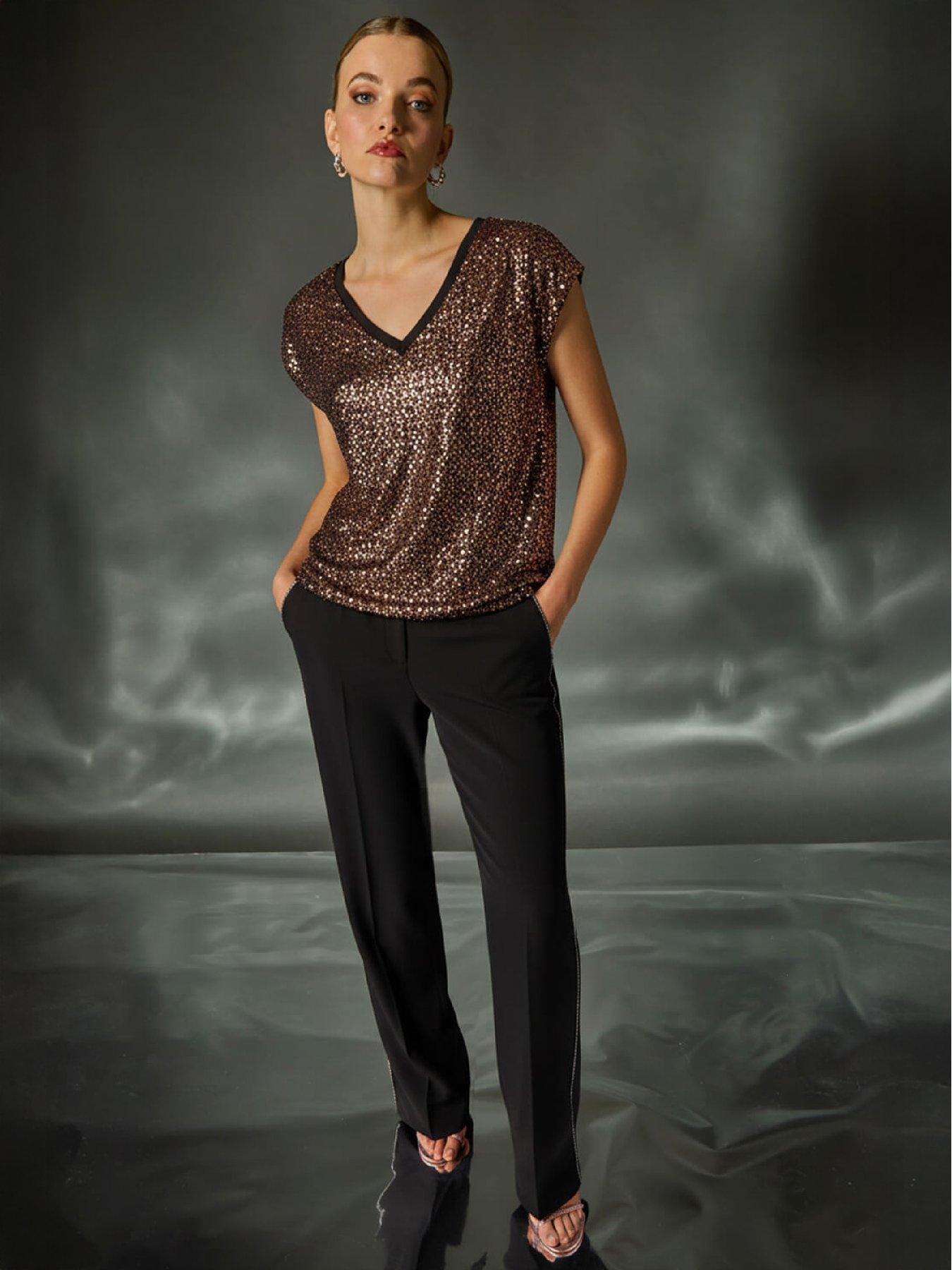 Roman Sequin V-neck Stretch Top - Bronze