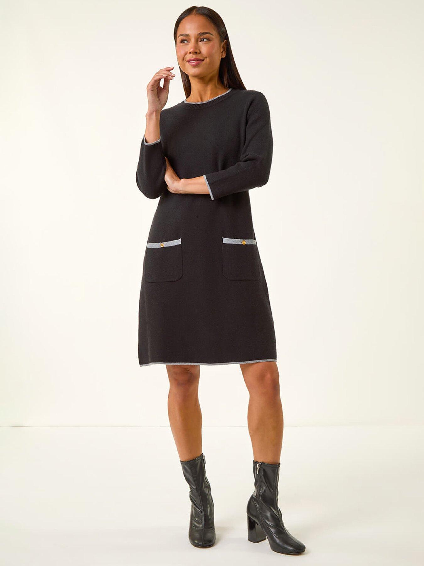 Roman Petite Buttoned Knit A-line Dress - Black