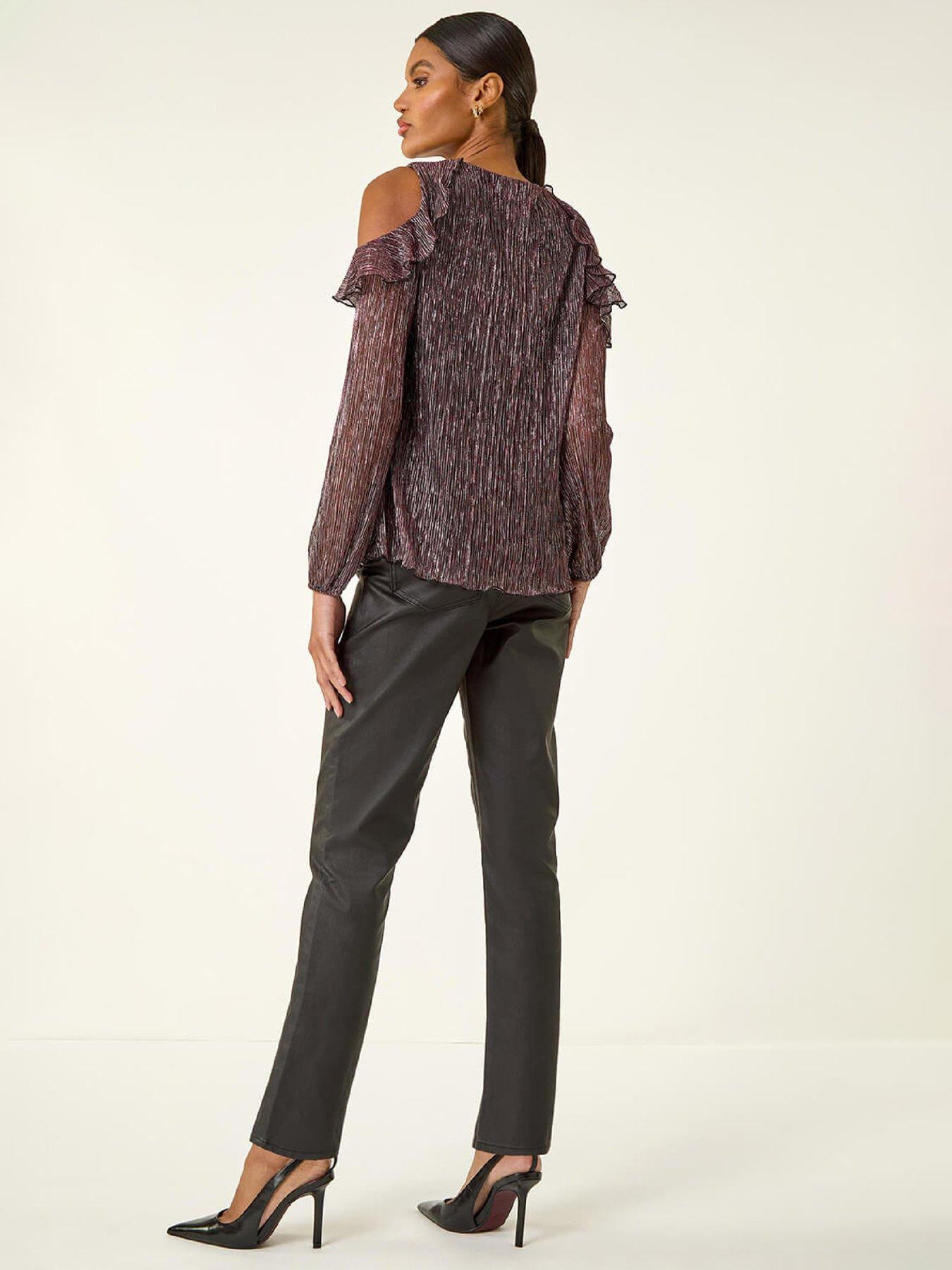Image 2 of 6 of Roman Shimmer Cold Shoulder Plisse Top - Pink