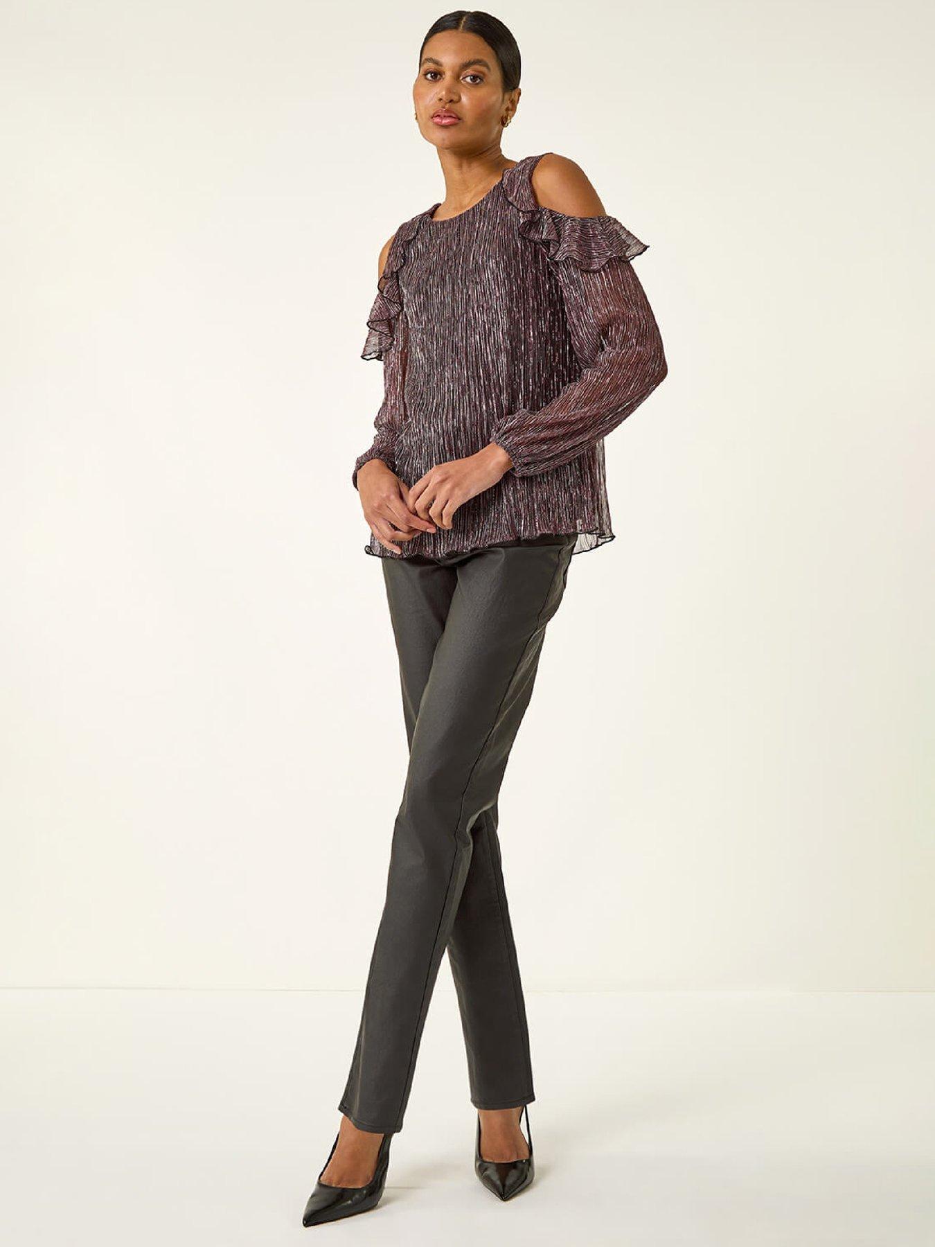 Image 3 of 6 of Roman Shimmer Cold Shoulder Plisse Top - Pink
