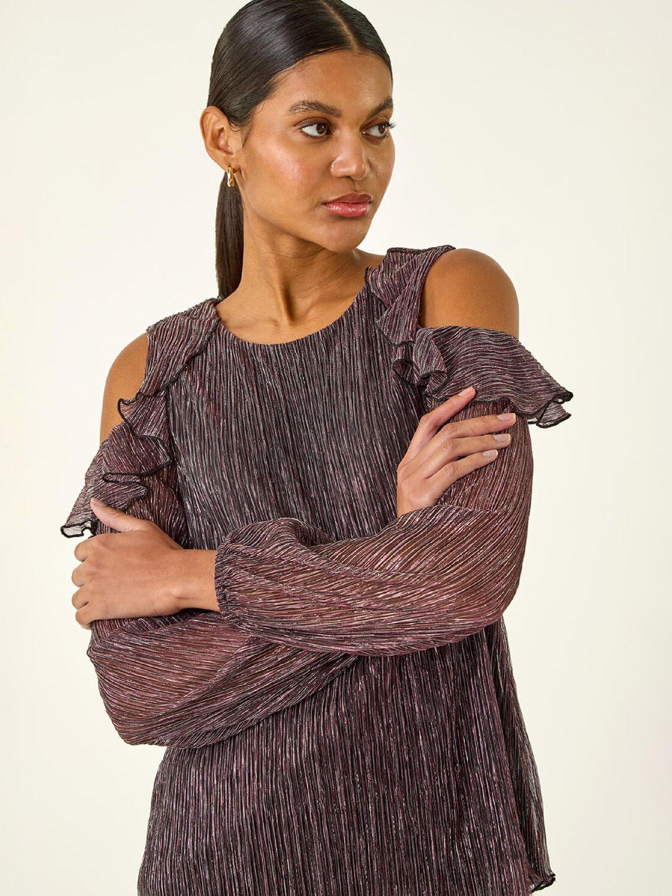 Image 4 of 6 of Roman Shimmer Cold Shoulder Plisse Top - Pink