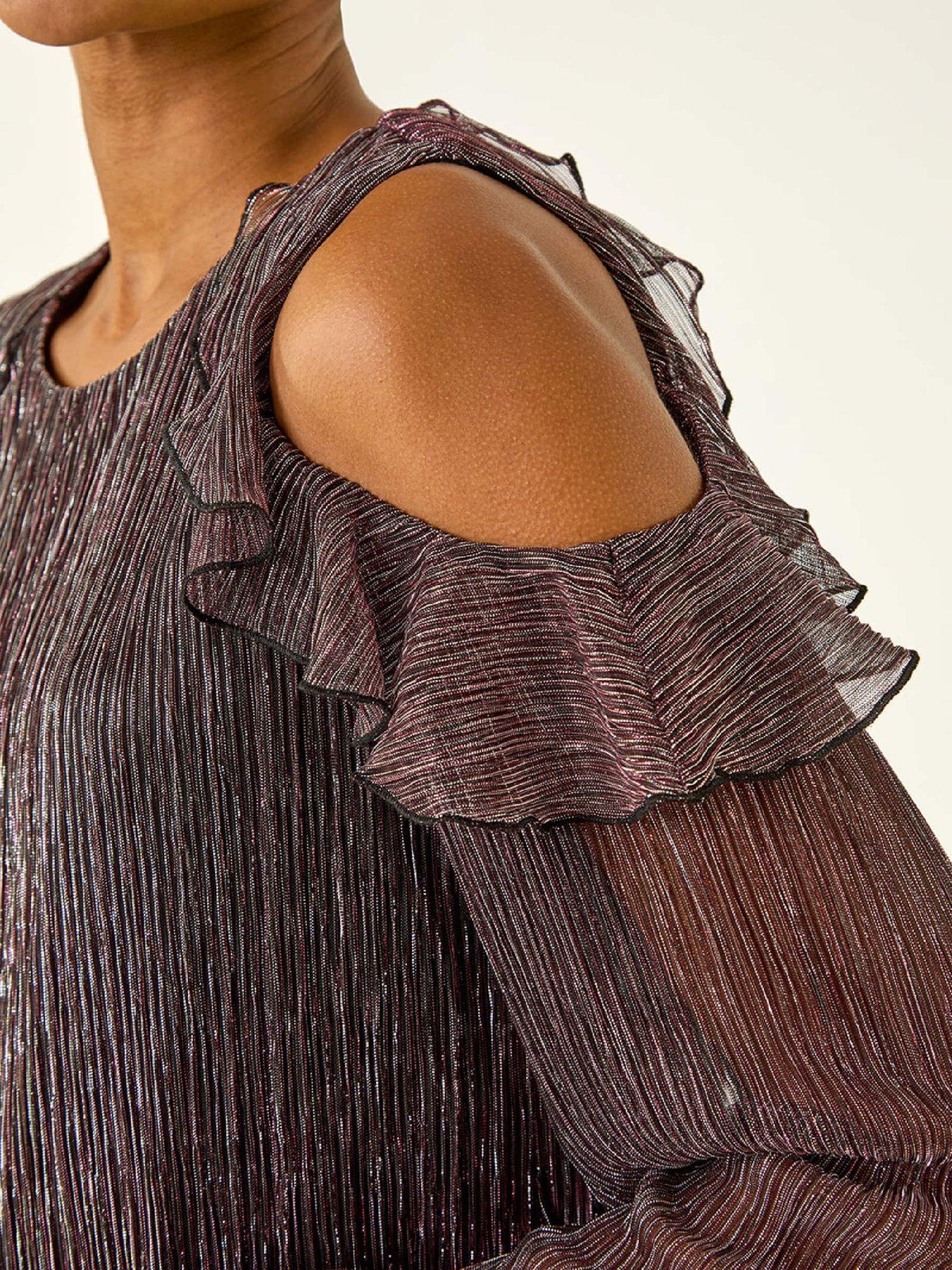 Image 5 of 6 of Roman Shimmer Cold Shoulder Plisse Top - Pink